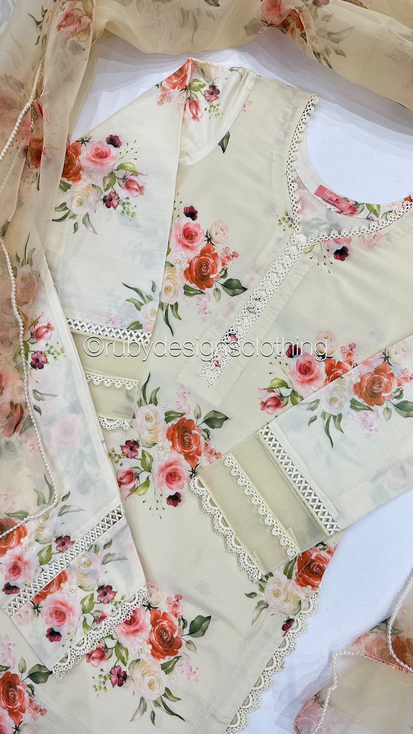 YUSRA - 3 Piece Cream Floral Print Swiss Lawn Suit with Organza Dupatta (8022979281109)