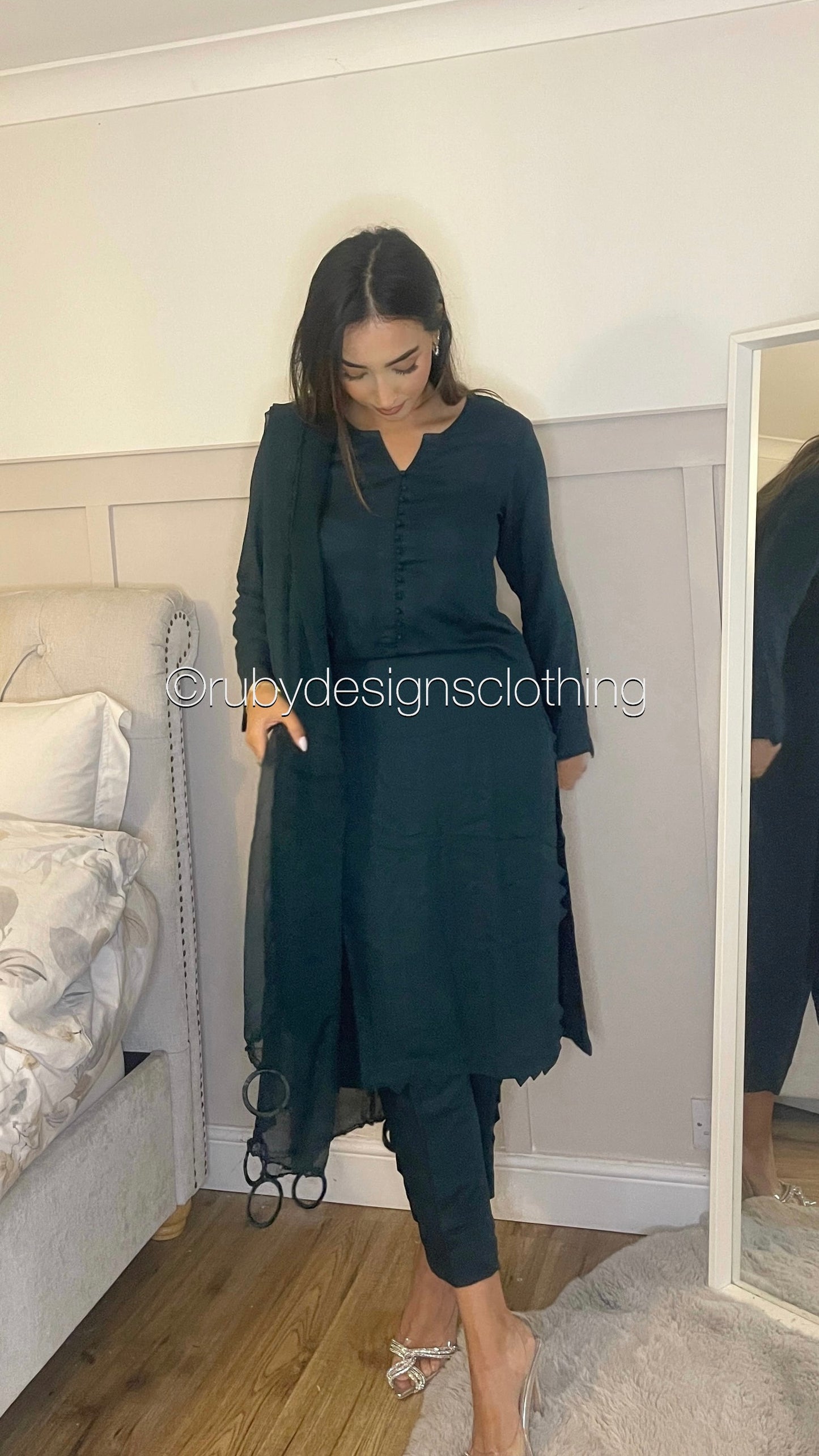 MARWA - 3 Piece Forest Green Linen Suit with Chiffon Dupatta (7903129731285)