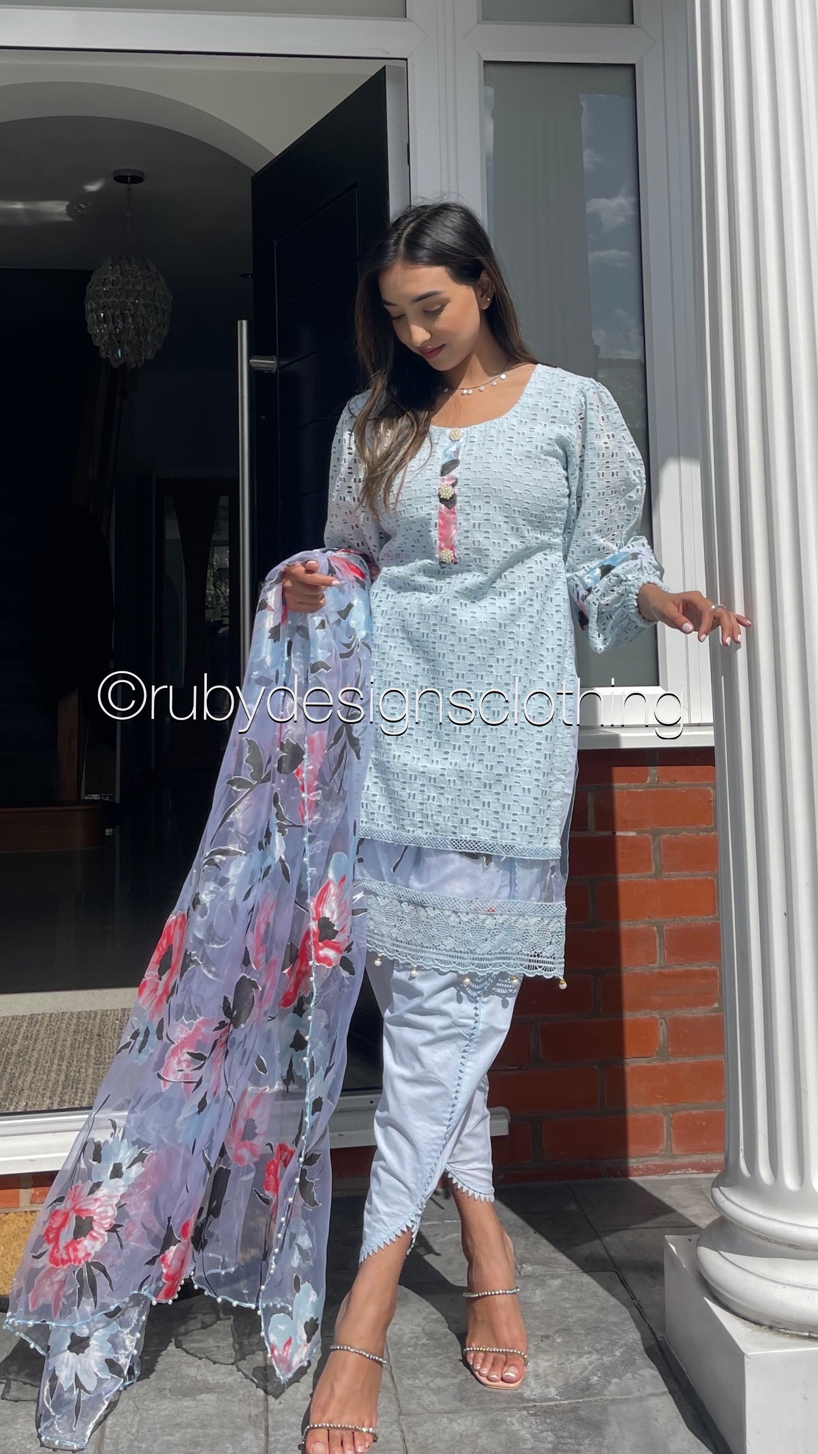 MAHA - 3 Piece Blue Chikankari Suit with Tulip Trousers and Floral Organza Dupatta (7762930761941)