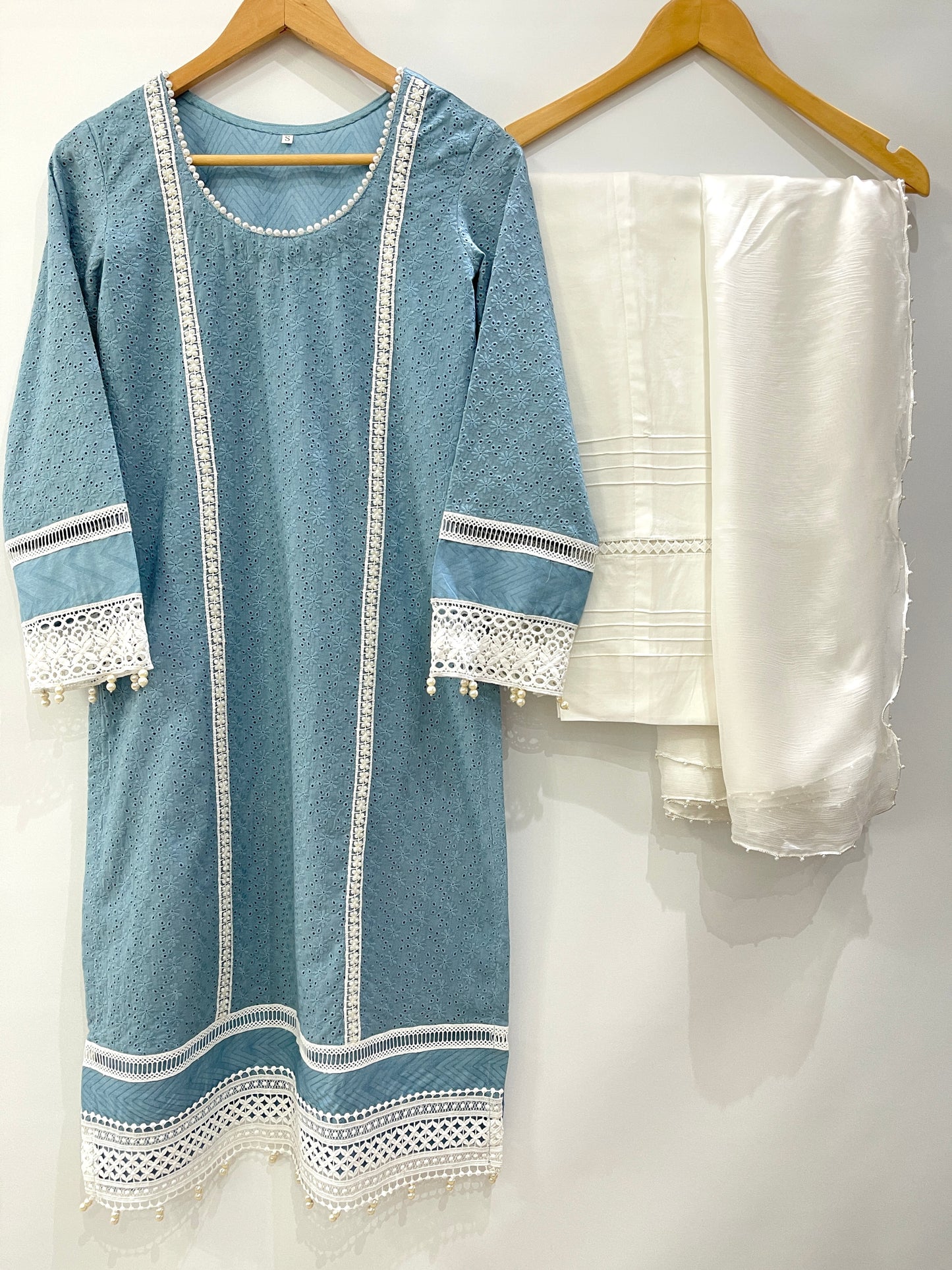 SANIA - 3 Piece Blue Cotton Net Chikankari Suit with Pearl Details (6654638883000)
