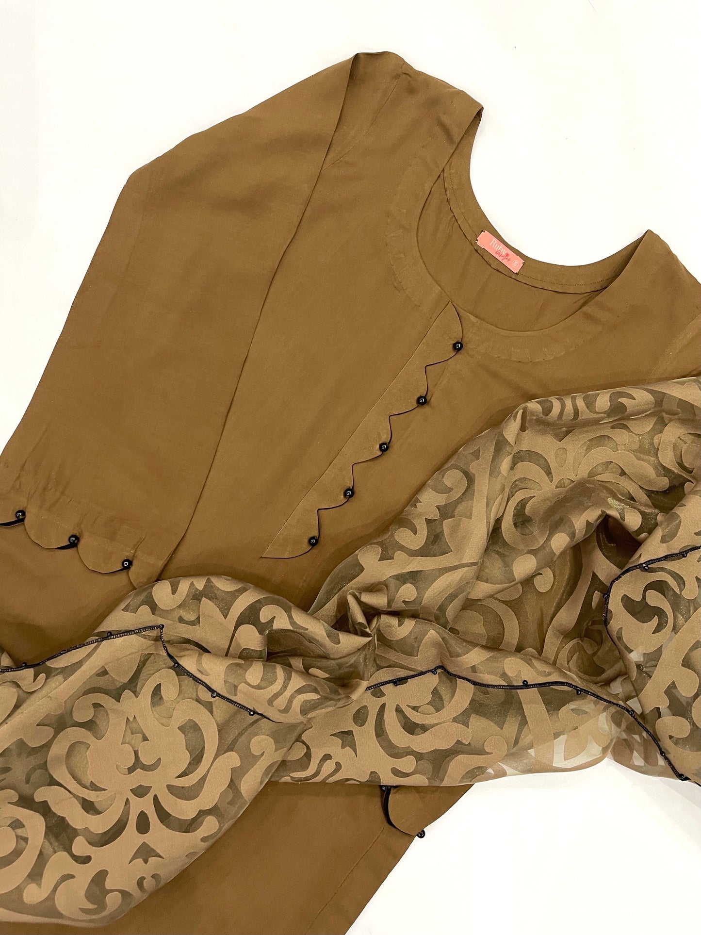 HIBAH - 3 Piece Brown Linen Suit with Printed Organza Dupatta (7472416882901)