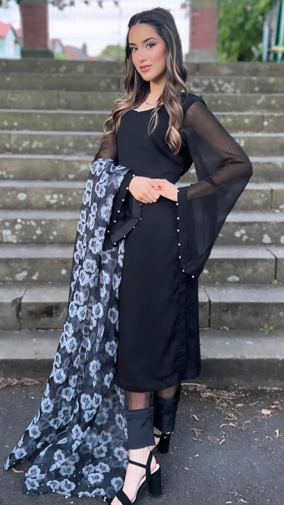 KAJAL - 3 Piece Black Chiffon Suit with Pearls Details (6929254154424)