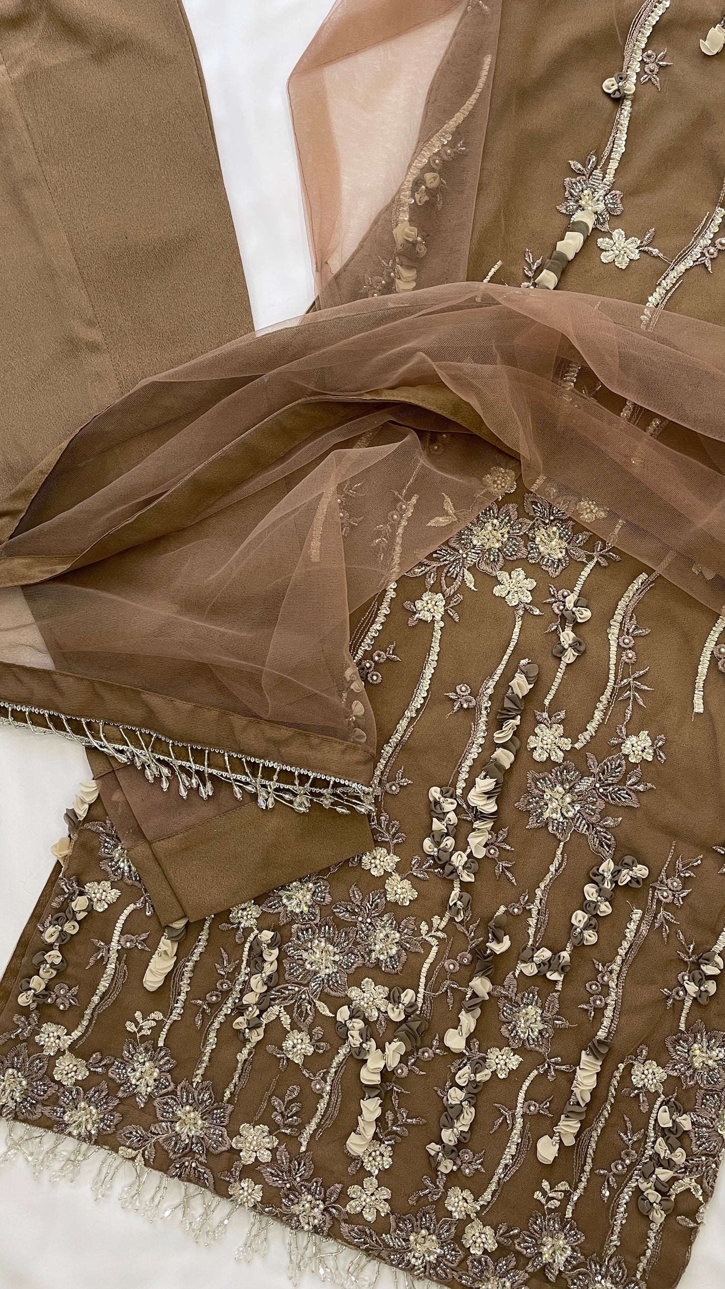 FATIMA Brown - 3 Piece Heavy Embroidered Net Suit with 3D Detail (7616470352085)