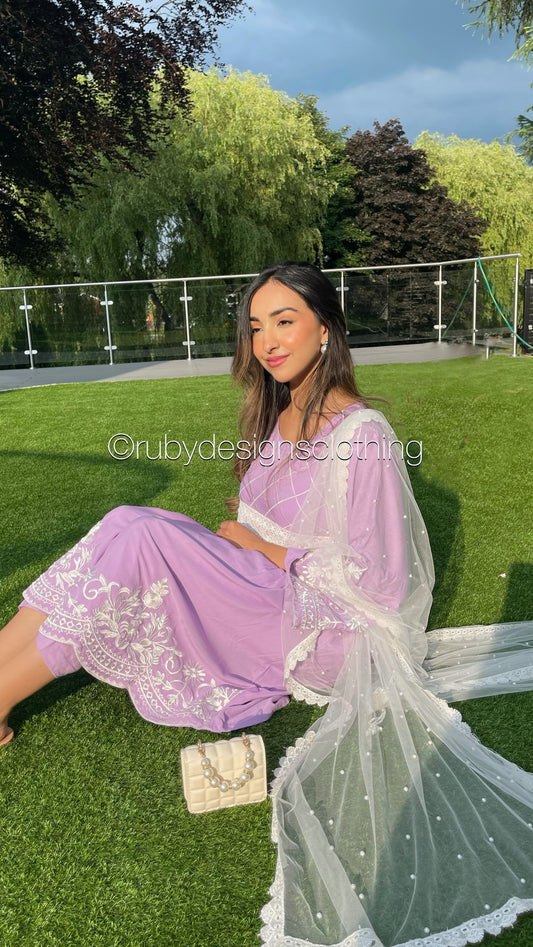 SHARIYA Lilac - 3 Piece Dress with White Embroidery and Flared Sleeves (6769462214840) (8748163825877) (8748163956949)