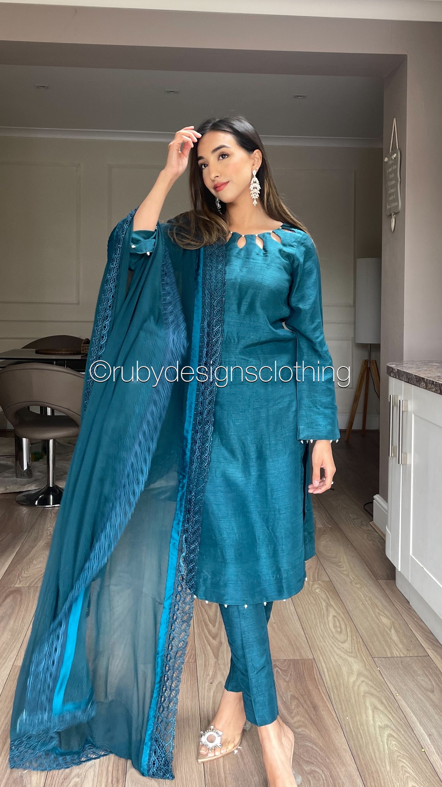 ZAINAB - 3 Piece Teal Korean Raw Silk Suit with Chiffon Dupatta (7862114549973)