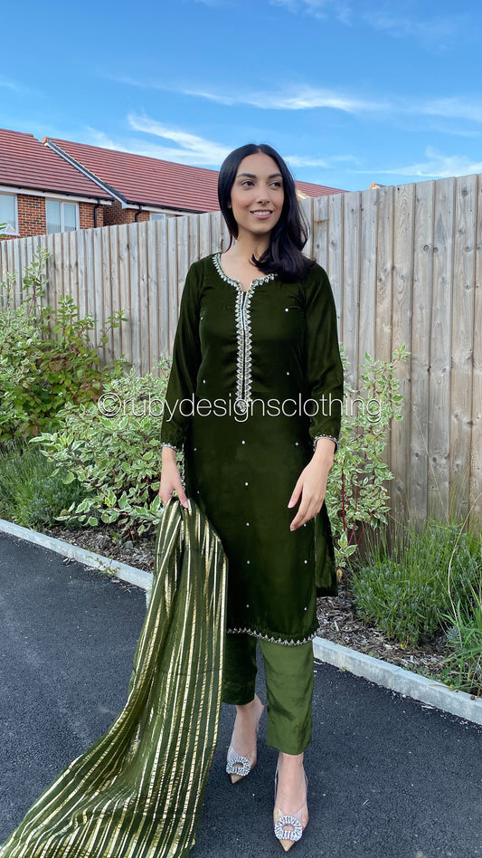 AMARA - 3 Piece Dark Green Velvet Suit with Organza Dupatta (7984216965333)