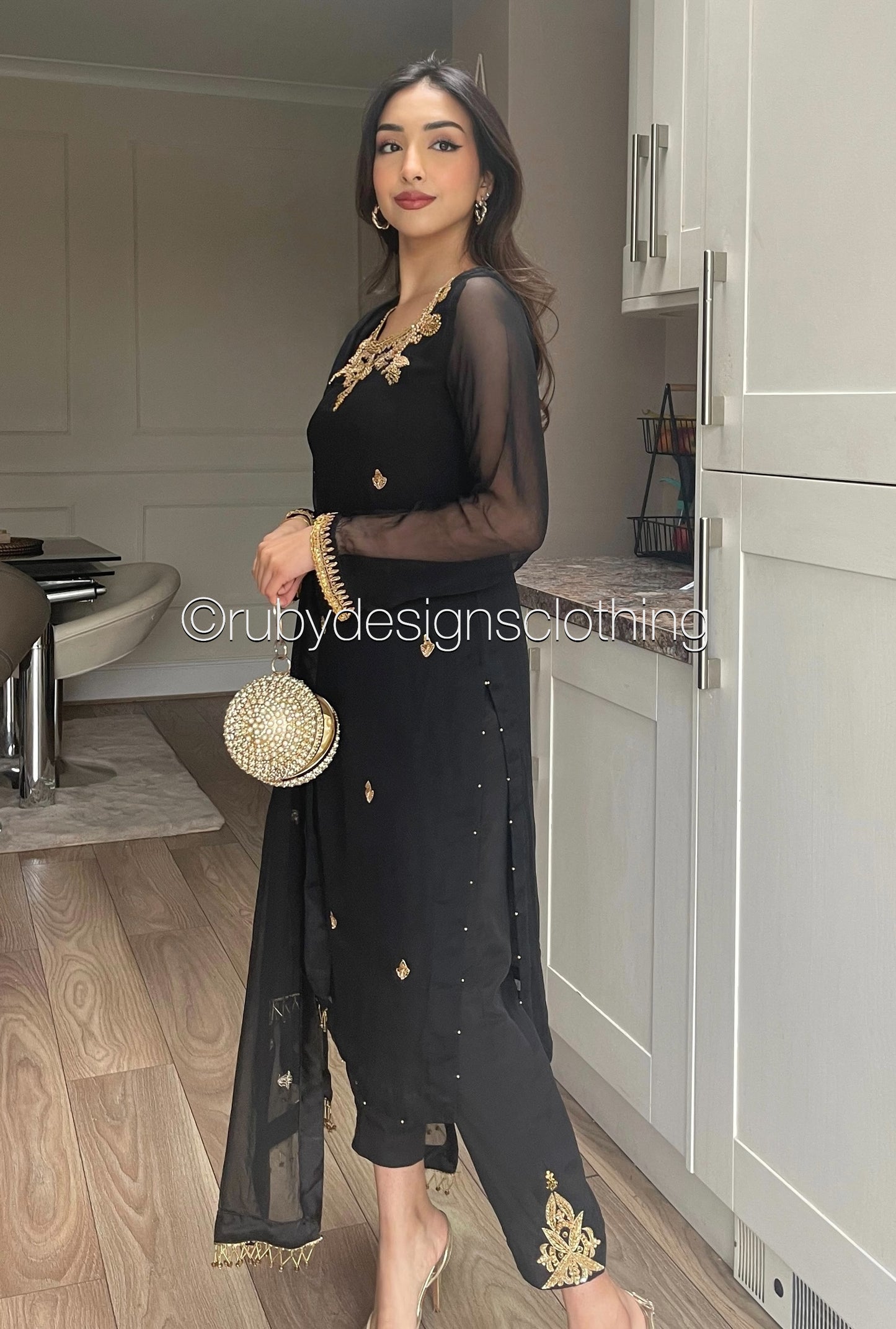 AMBREEN Black - 4 Piece Chiffon Suit with Gold Handwork (8012564922581)