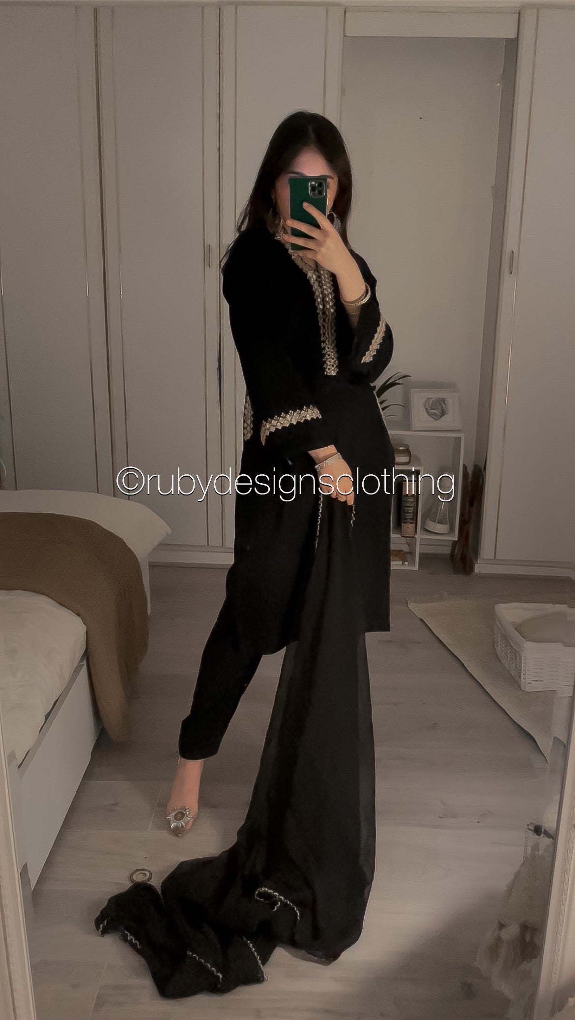TARA Black - 3 Piece Linen Suit with Mirror Work (7934797643989)