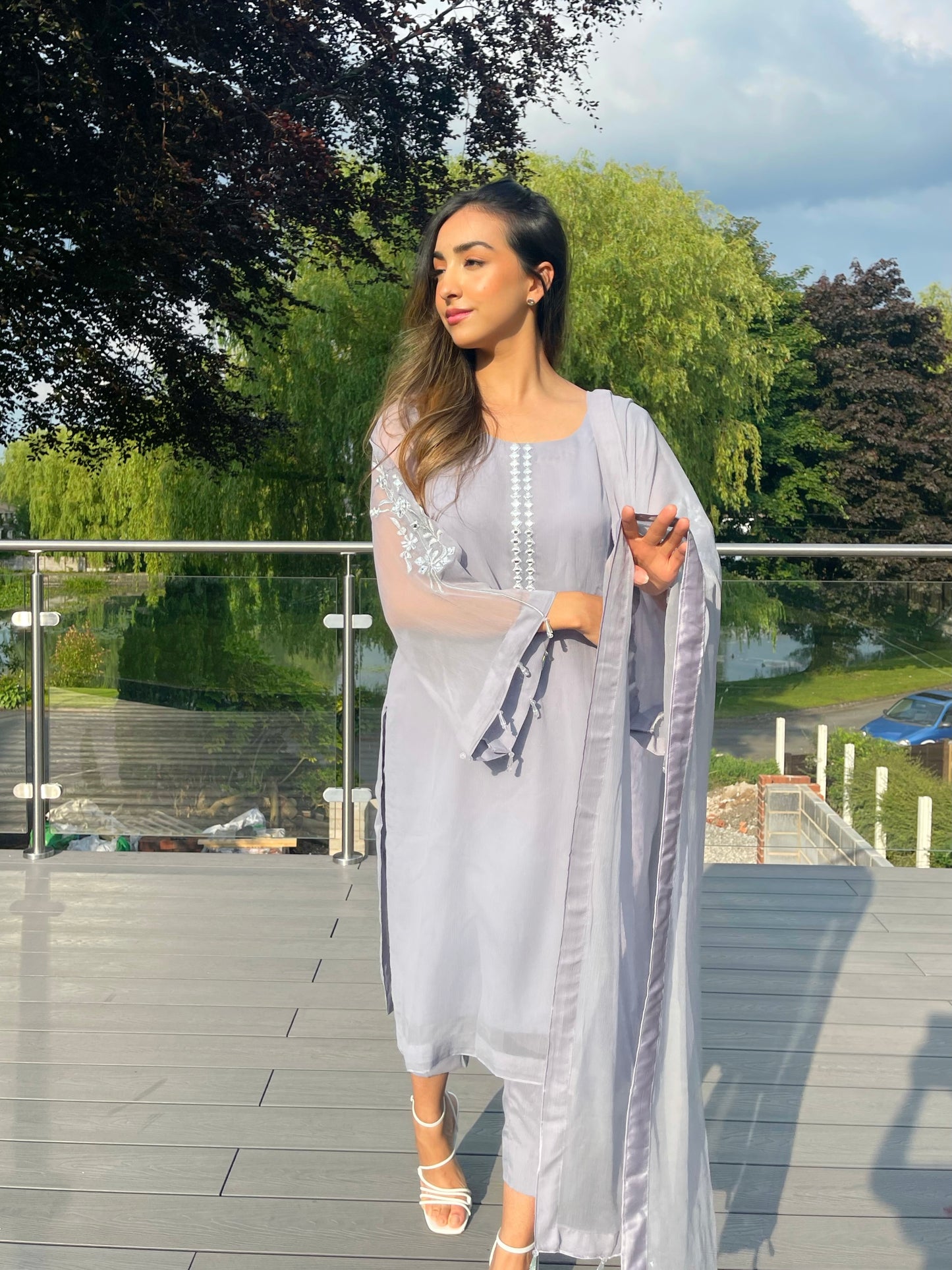 AMANI - 3 Piece Grey Chiffon Suit with Mirror and Tassel Details (6812544467128)