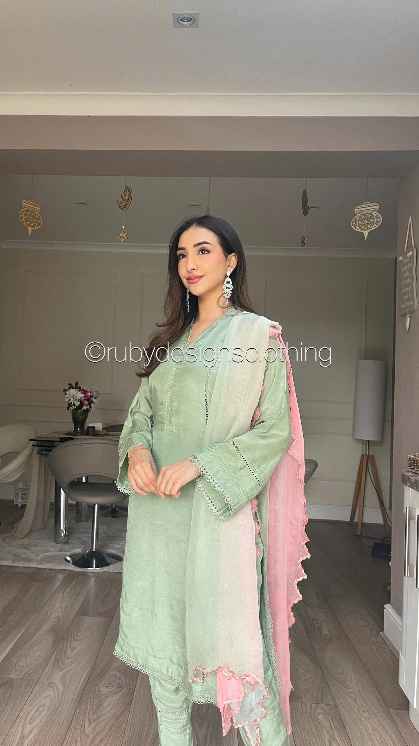 LAYYA - 3 Piece Light Green Cotton Silk Suit with Three Toned Chiffon Dupatta (8028375777493)