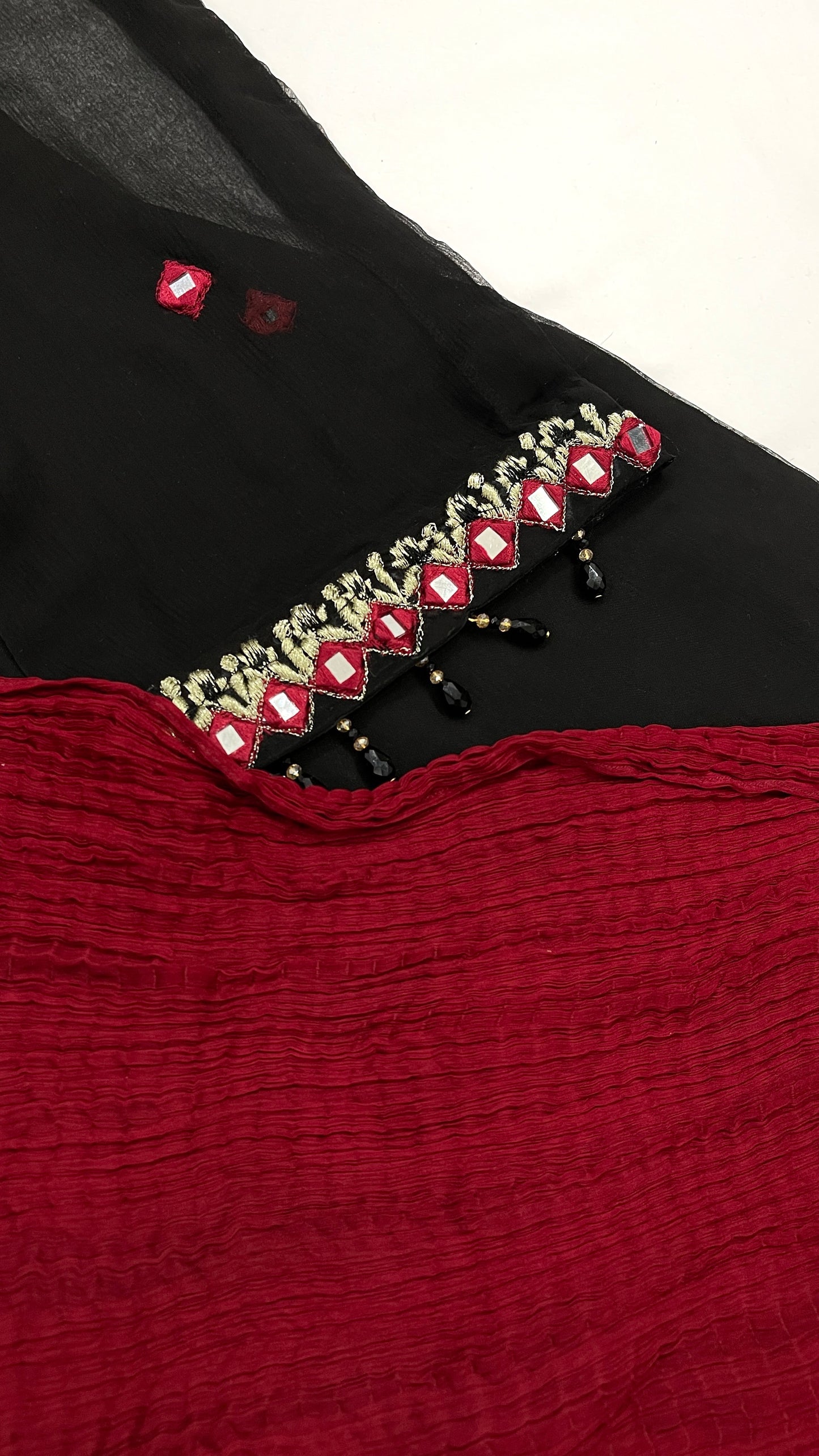 FARAH - Black 3 Piece Chiffon Suit with Mirror Details and Crushed Dupatta (7675764539605)