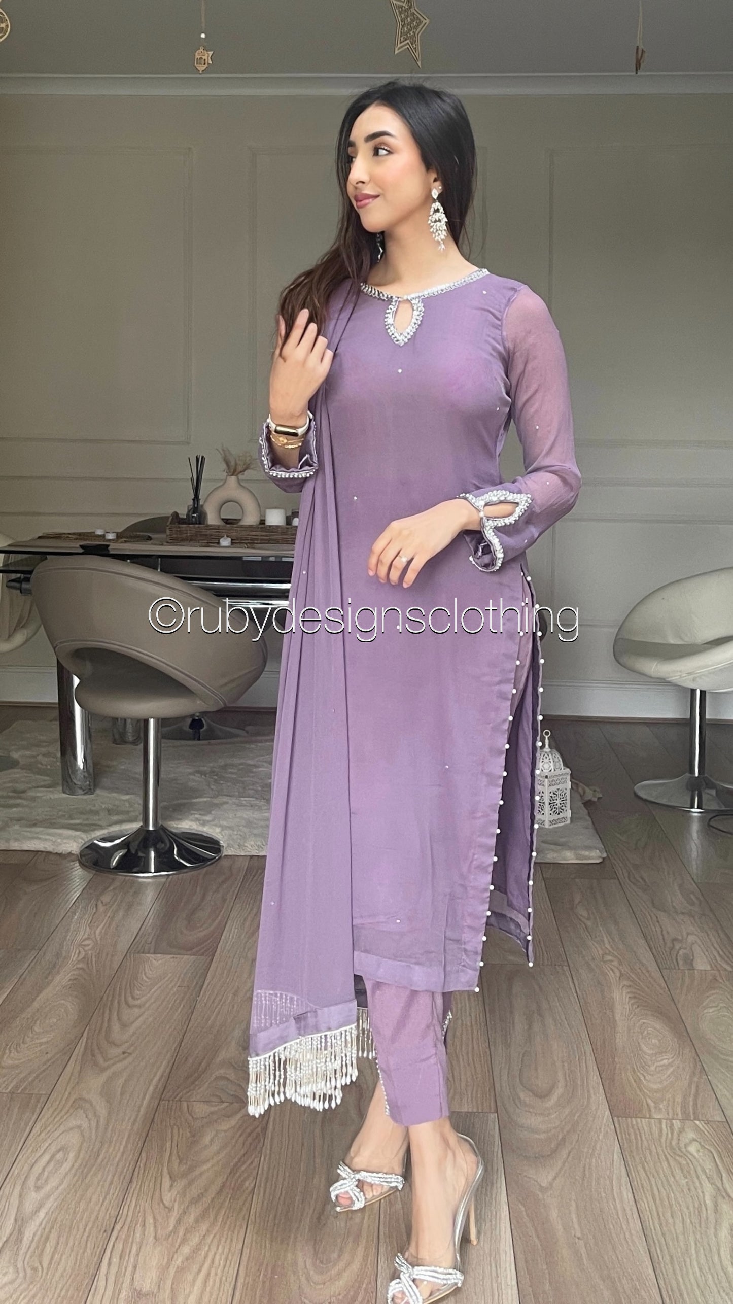 HAYA Mauve - 3 Piece Chiffon Suit with Hand Embellished Neckline (8026579763413)