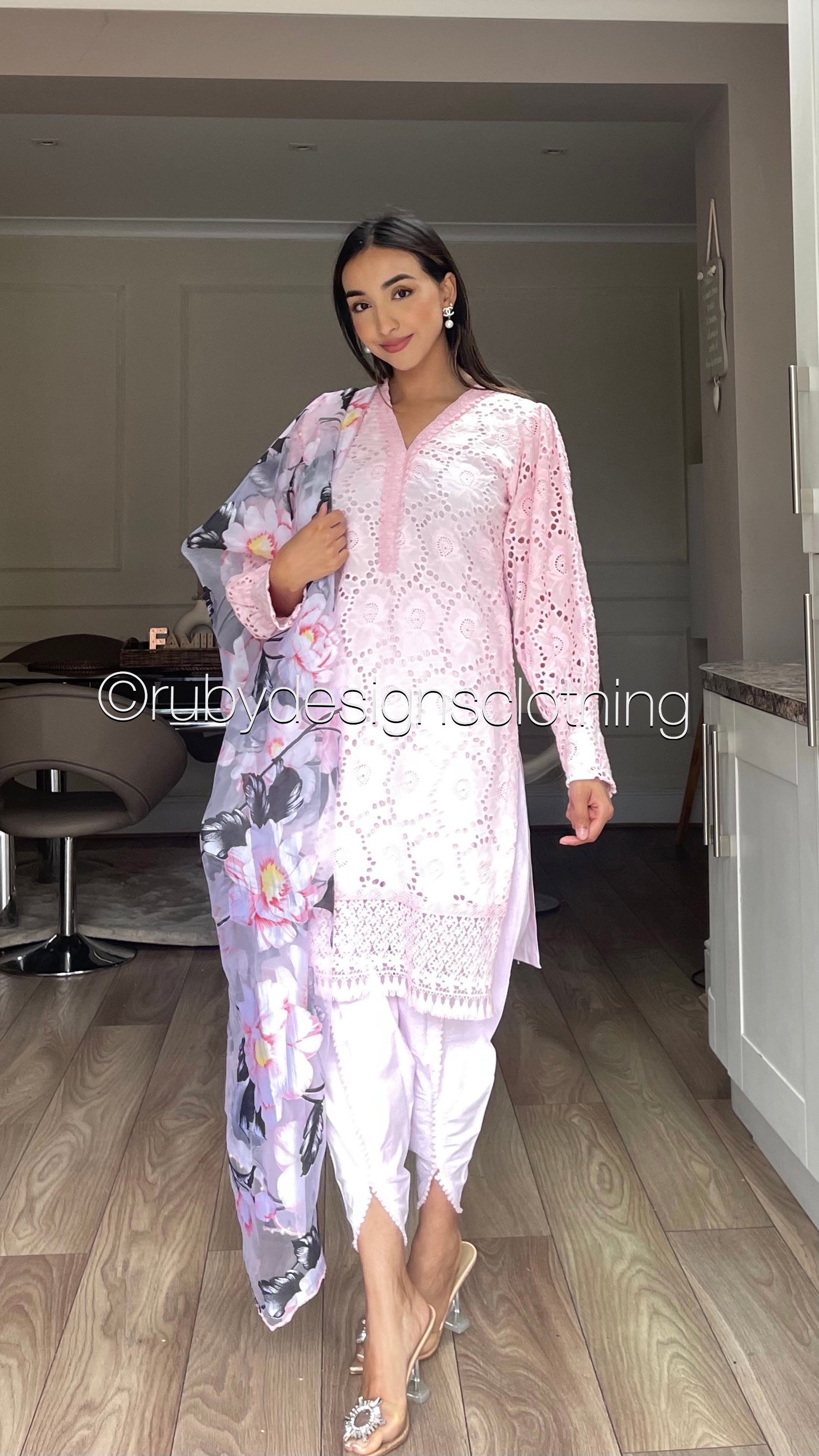 URWA - 3 Piece Pink Chikankari Suit with Tulip Trousers and Floral Organza Dupatta (7766626435285)