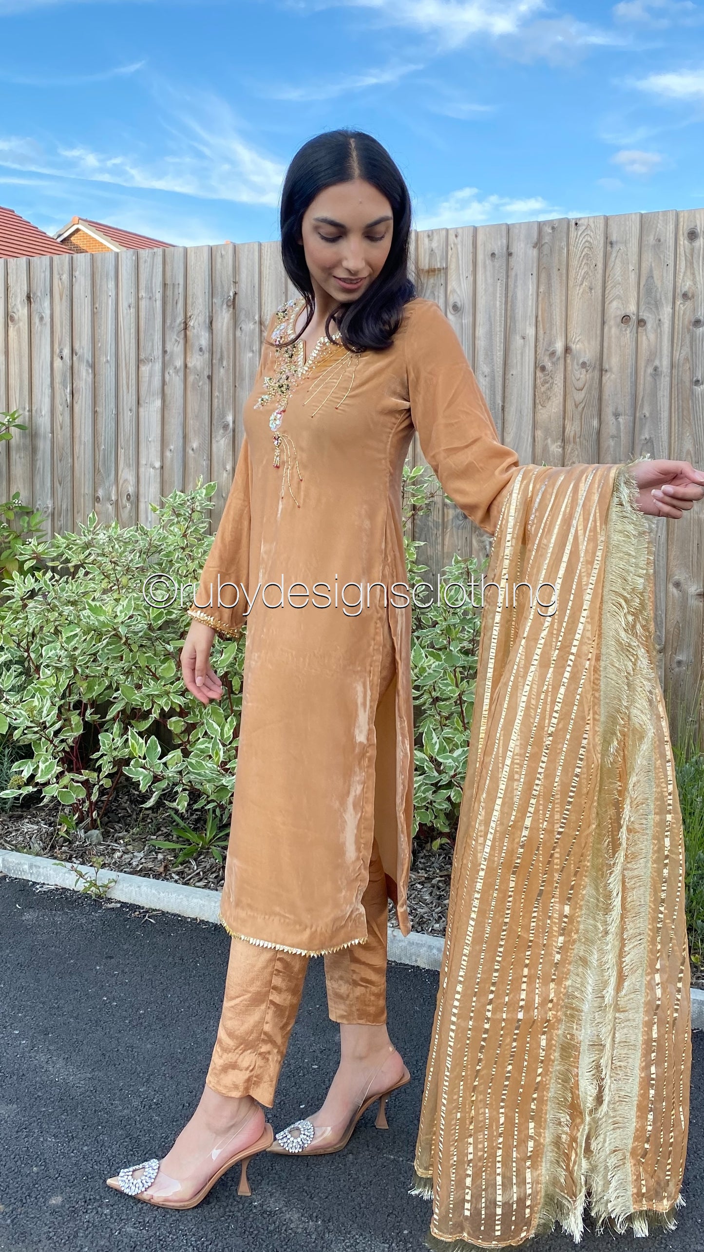 SALAHA - 3 Piece Light Orange Velvet Suit with Organza Dupatta (7959976804565)