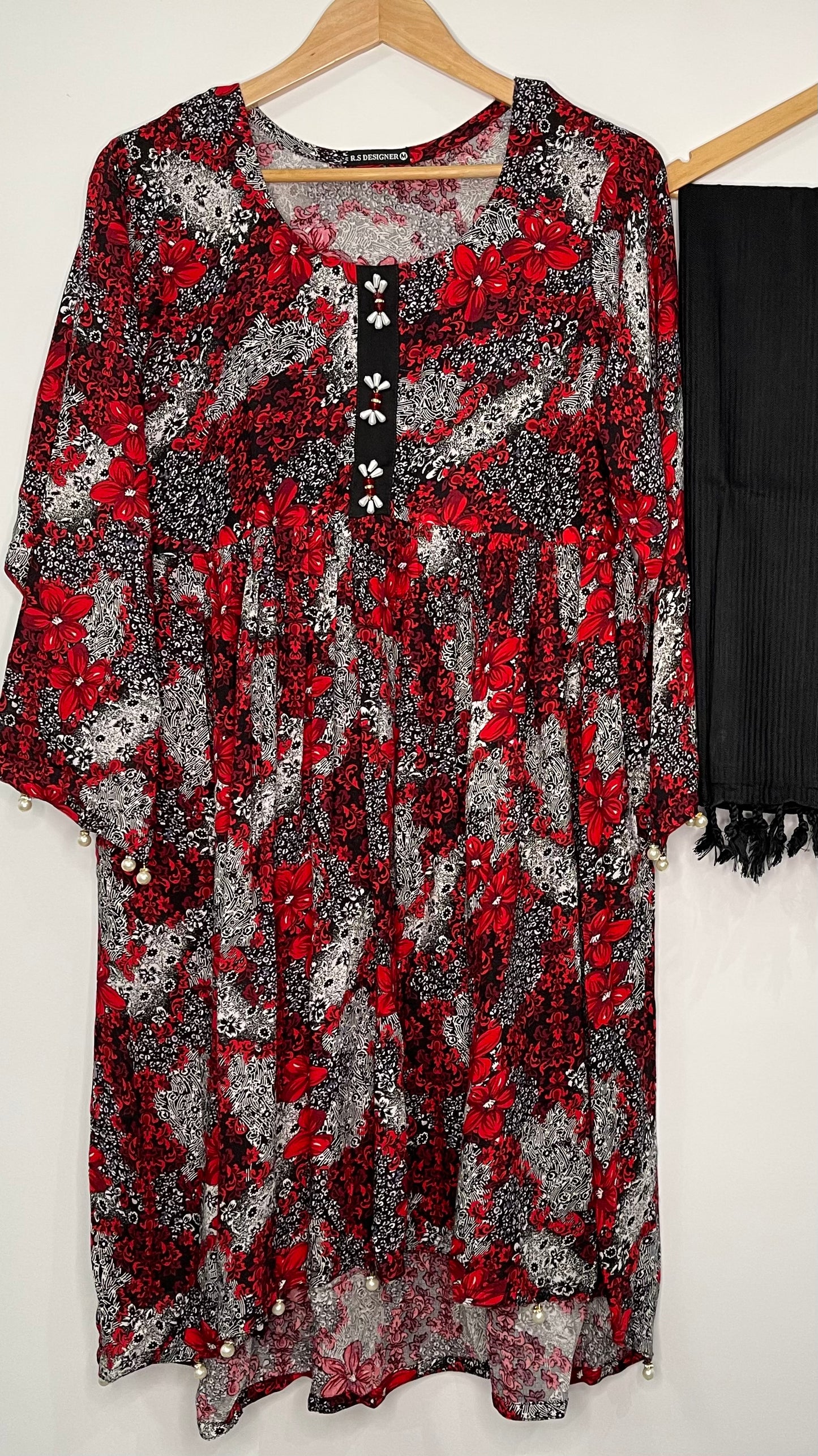 3 Piece Linen Red and White Floral Print Dress (6577922048184)