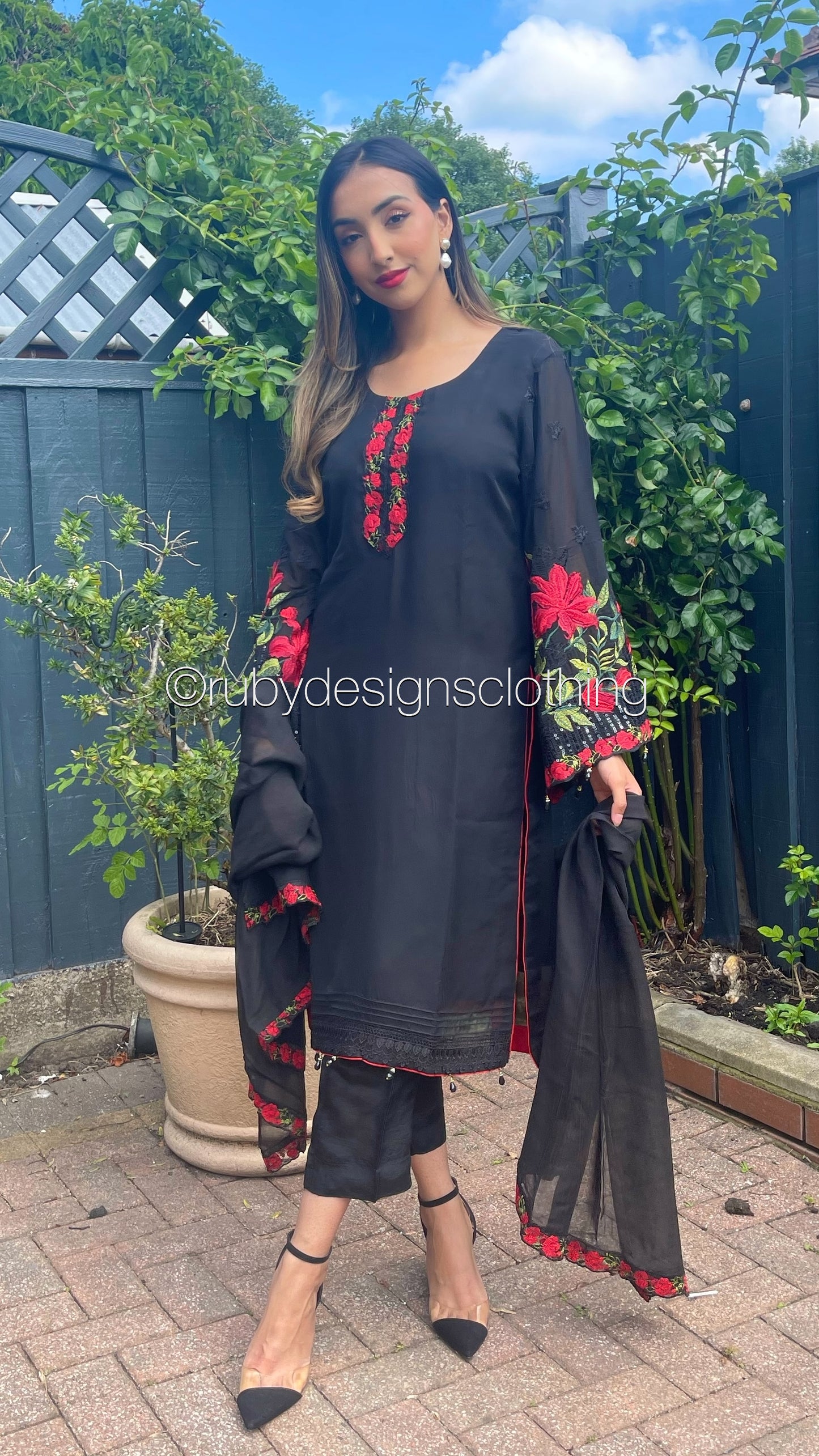ISMA - 3 Piece Black Chiffon Suit with Flared Sleeves (6752570114232)