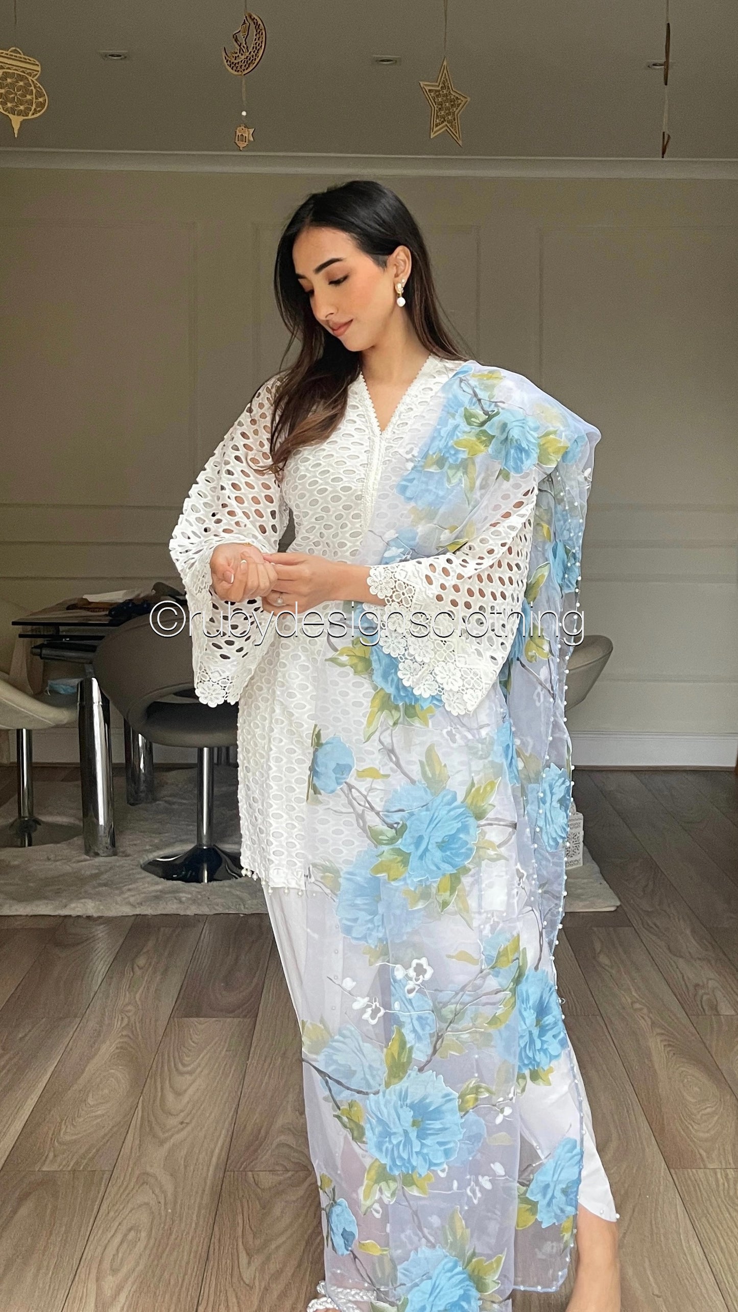 AZINA - 3 Piece White Chikankari Suit with Floral Print Organza Dupatta (8022267691221) (8747890376917)