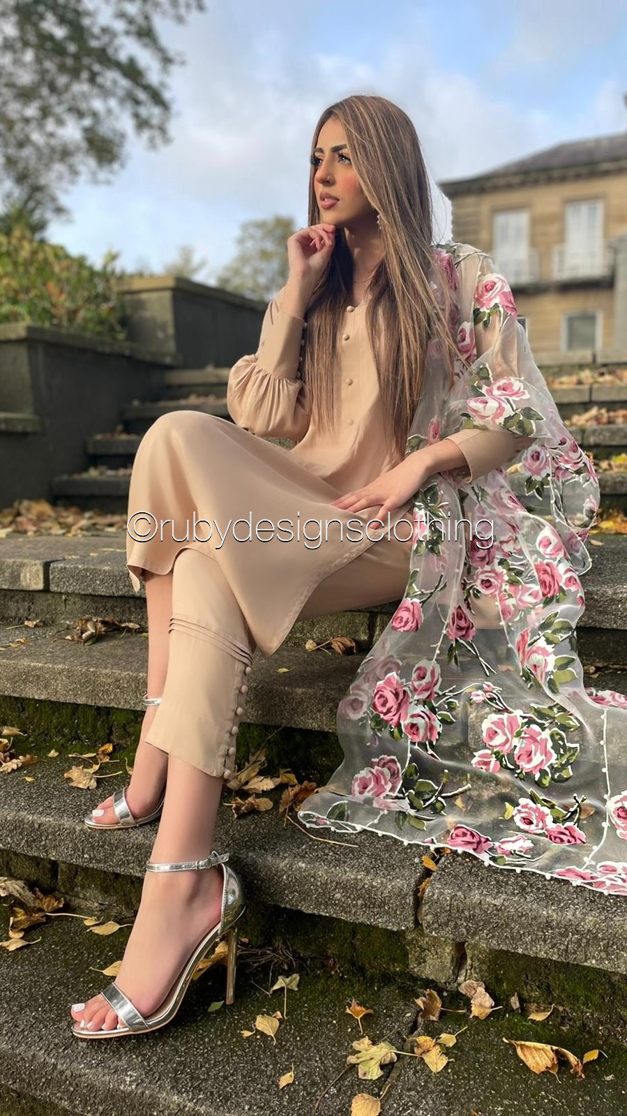 HANA Beige - 3 Piece Linen Suit with ORGANZA Dupatta (7905762869461)