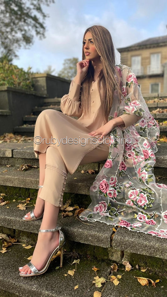 HANA Beige - 3 Piece Linen Suit with ORGANZA Dupatta (7905762869461)