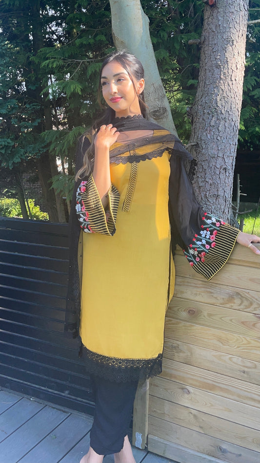 HANIA - 3 Piece Mustard and Black Linen Suit with Black Net Dupatta (7438132248789) (8747892605141)