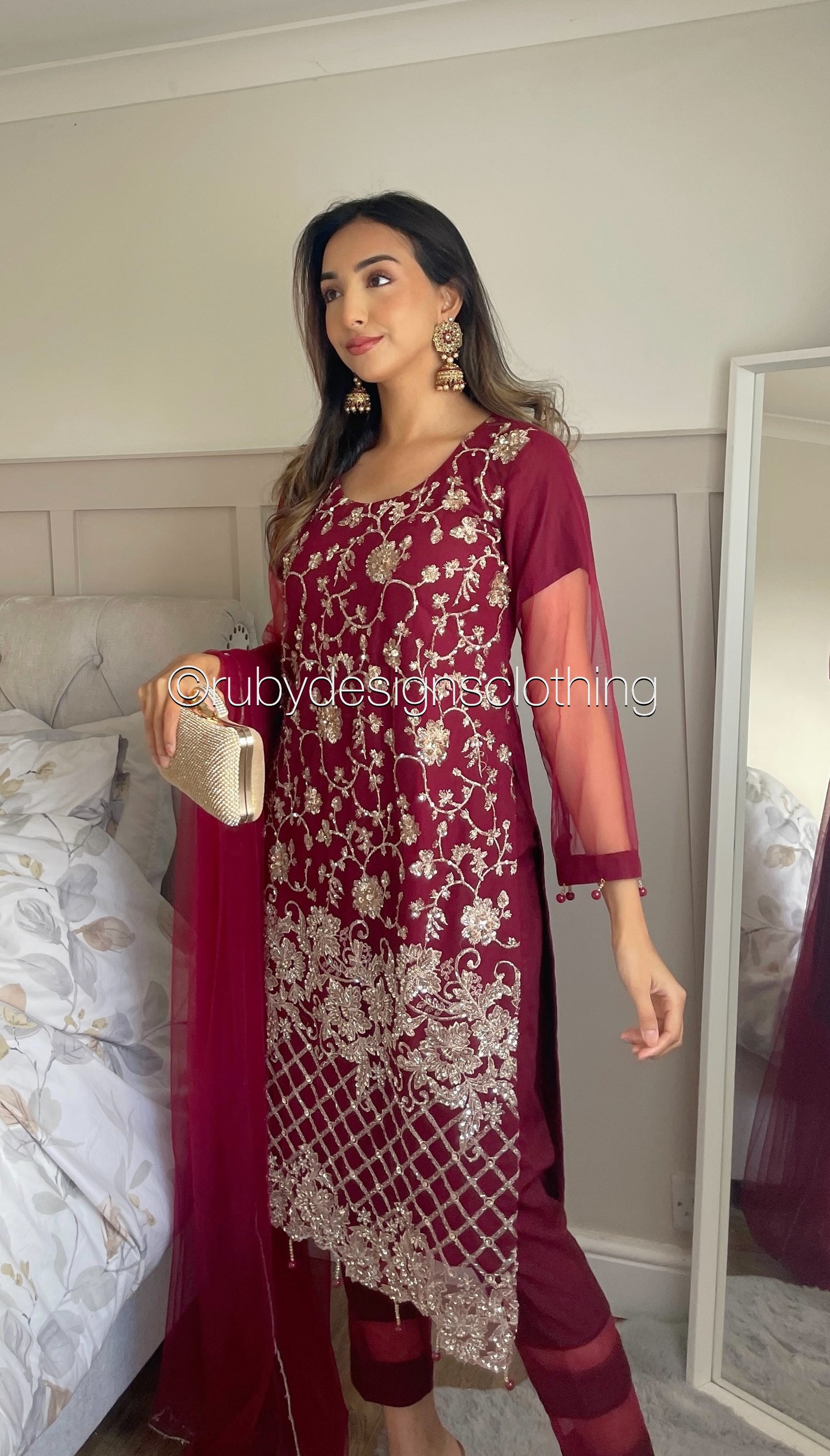 ALARA - 3 Piece Maroon Net Suit with Gold Embroidery (8017161650389) (8747681972437)