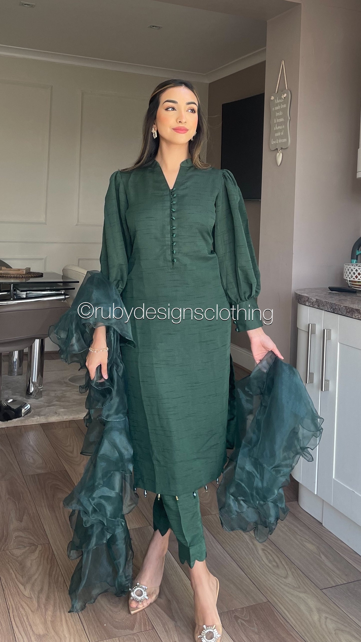 ZAARA Green - 3 Piece Raw Silk Suit with Organza Ruffle Dupatta (7603683360981) (8748147310805)