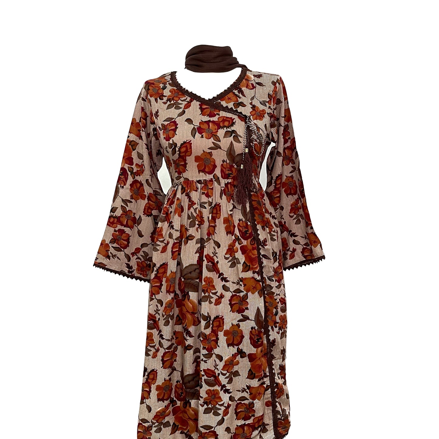 Brown 3 Piece Linen Floral Print Dress (6577917690040)