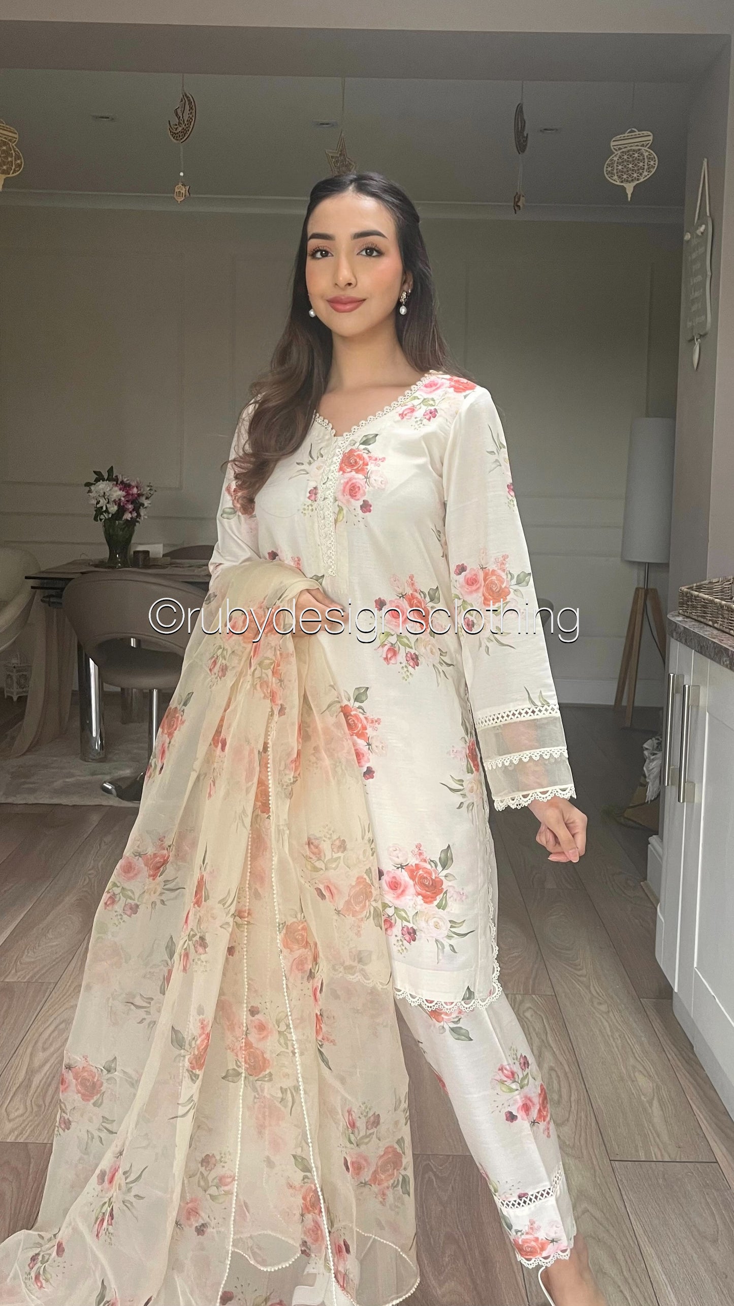 YUSRA - 3 Piece Cream Floral Print Swiss Lawn Suit with Organza Dupatta (8022979281109)