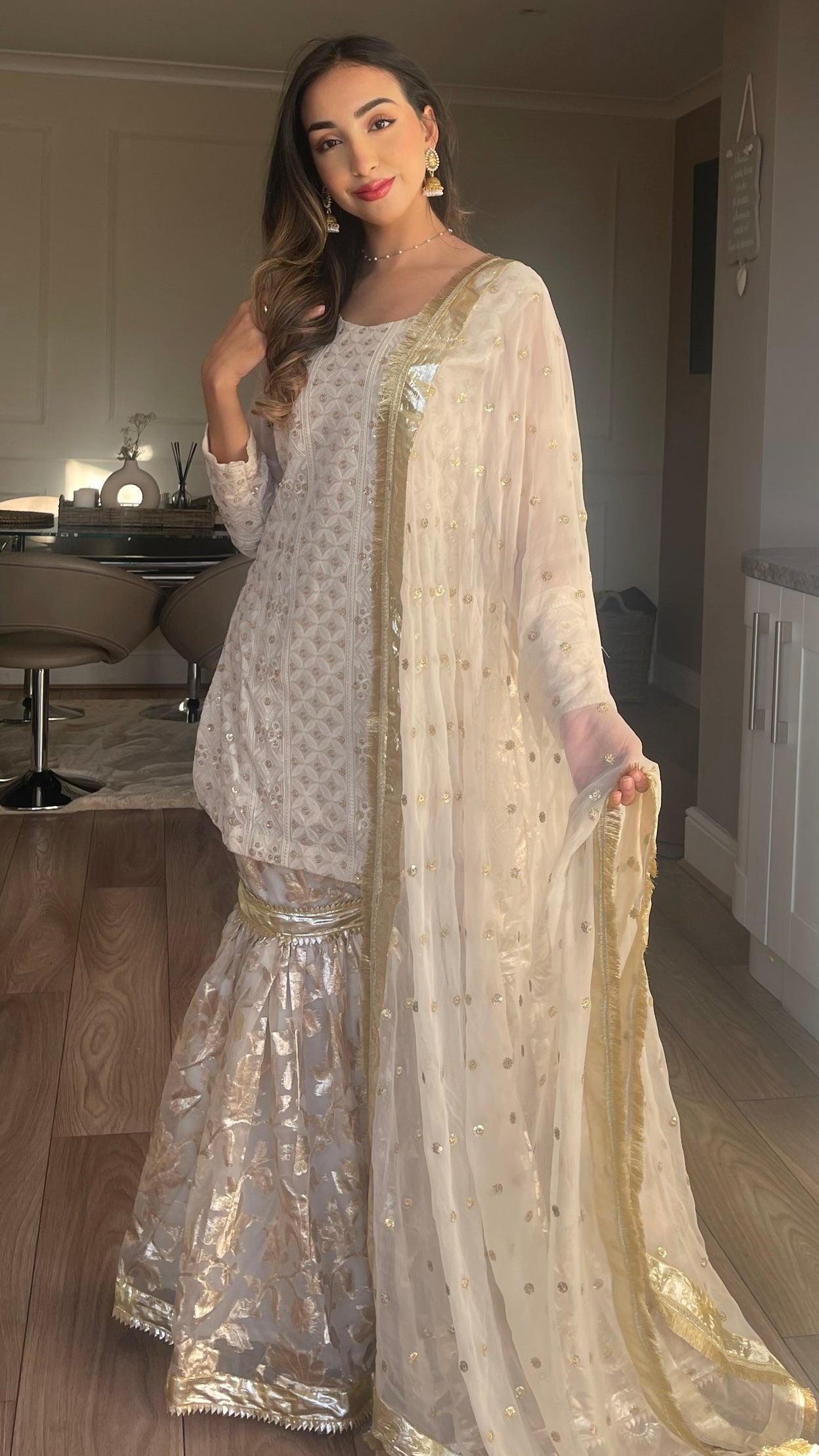YASMIN - 3 Piece Luxury Off-White and Gold Chikankari Chiffon Suit with Gharara (7504708600021)