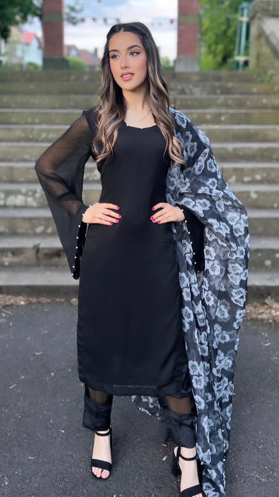 KAJAL - 3 Piece Black Chiffon Suit with Pearls Details (6929254154424)