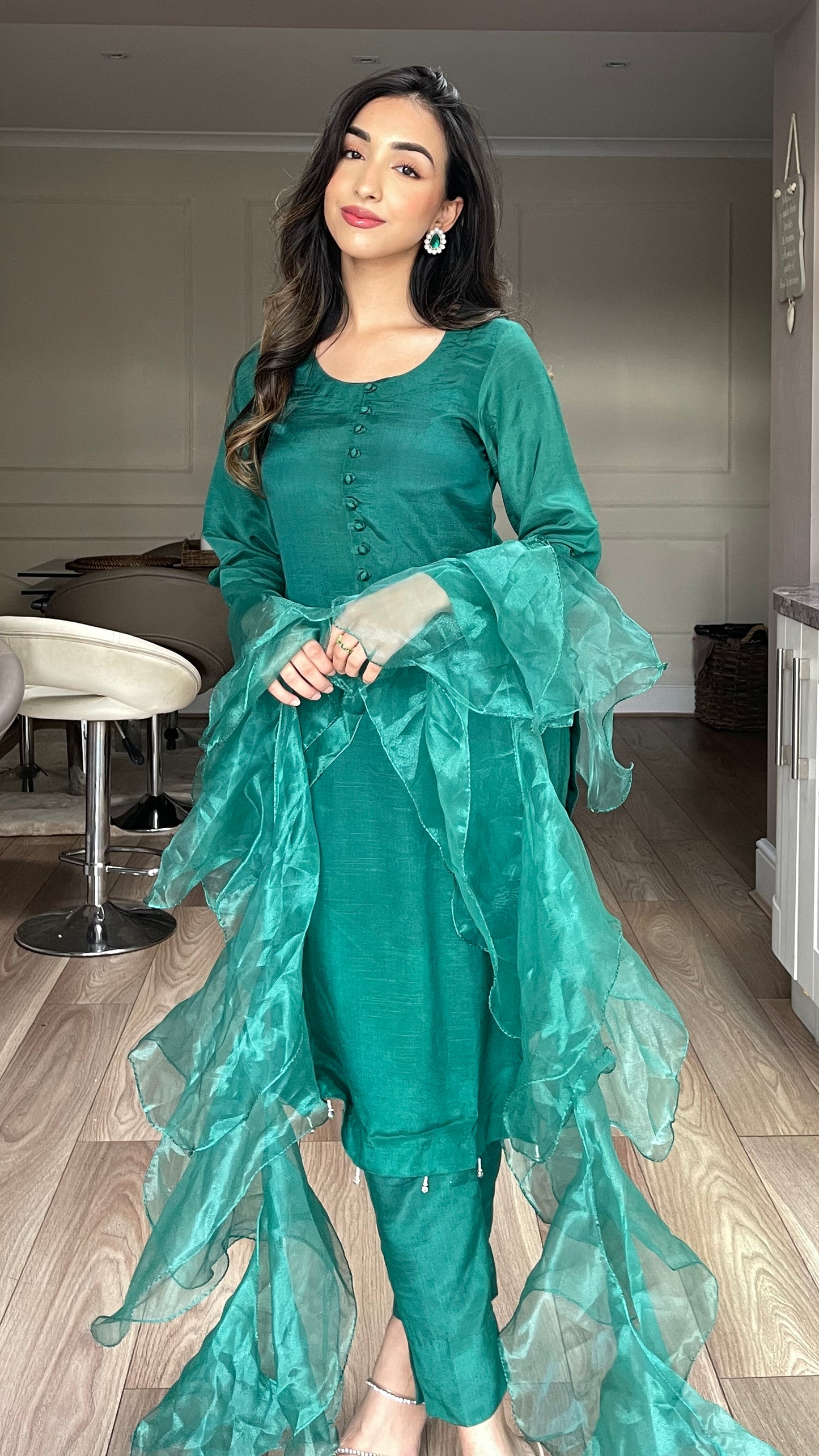 ISRA - Green 3 Piece Raw Silk Suit with Ruffle Dupatta (7557442273493)