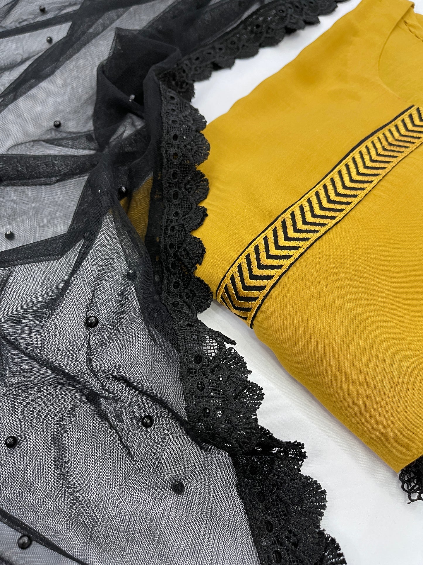 HANIA - 3 Piece Mustard and Black Linen Suit with Black Net Dupatta (7438132248789) (8747892605141)