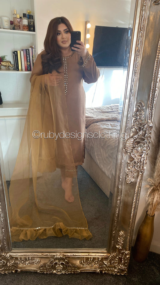 SONA - 3 Piece Gold/Caramel Marina Suit with Mirror Work (7934798528725)