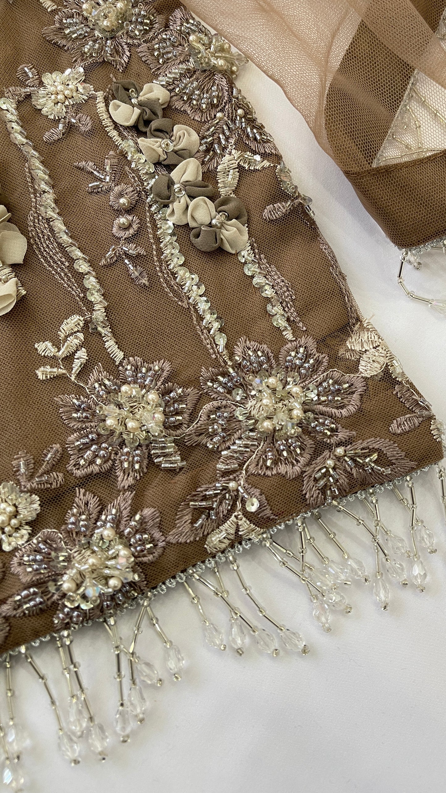 FATIMA Brown - 3 Piece Heavy Embroidered Net Suit with 3D Detail (7616470352085)