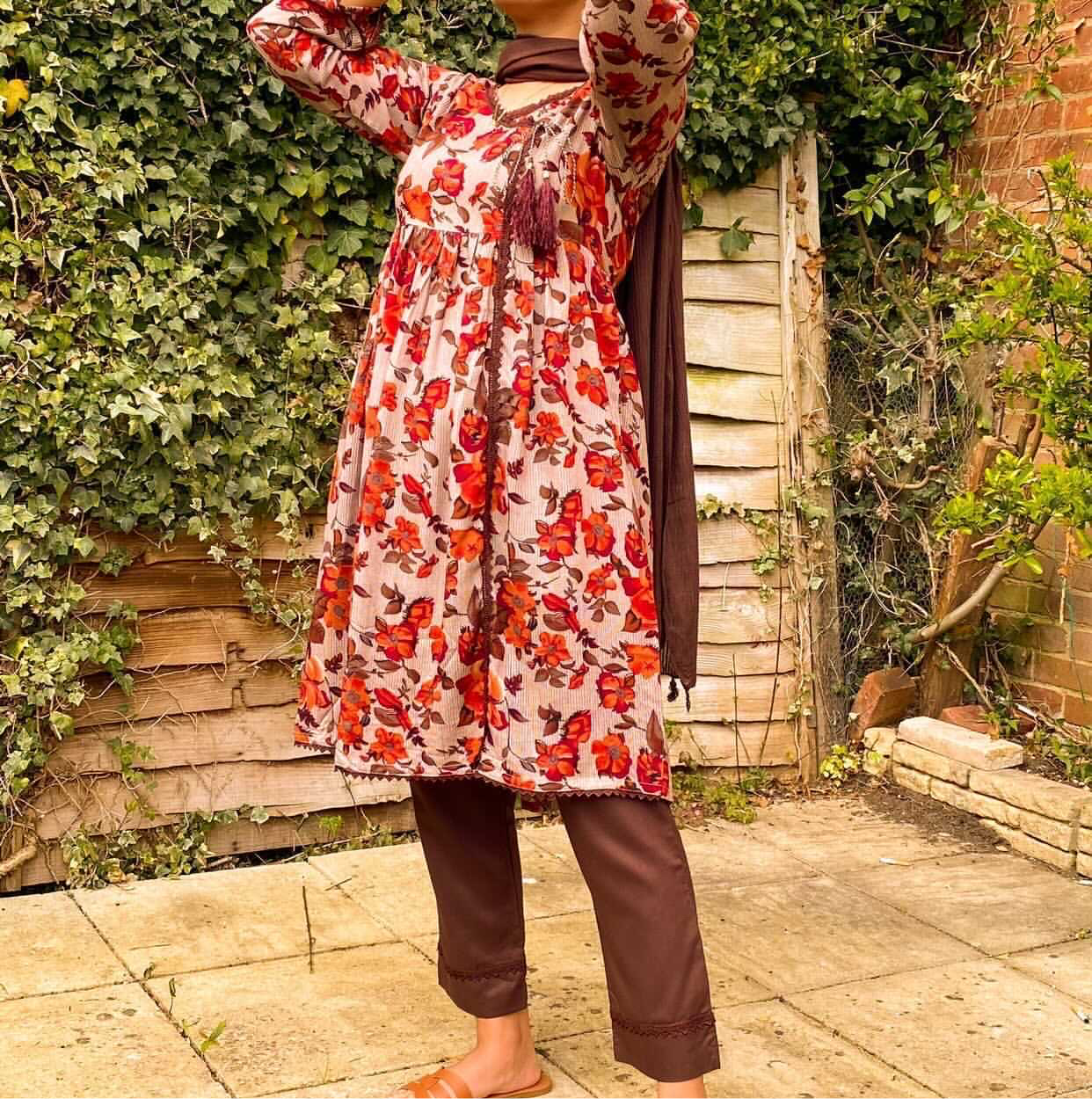Brown 3 Piece Linen Floral Print Dress (6577917690040)