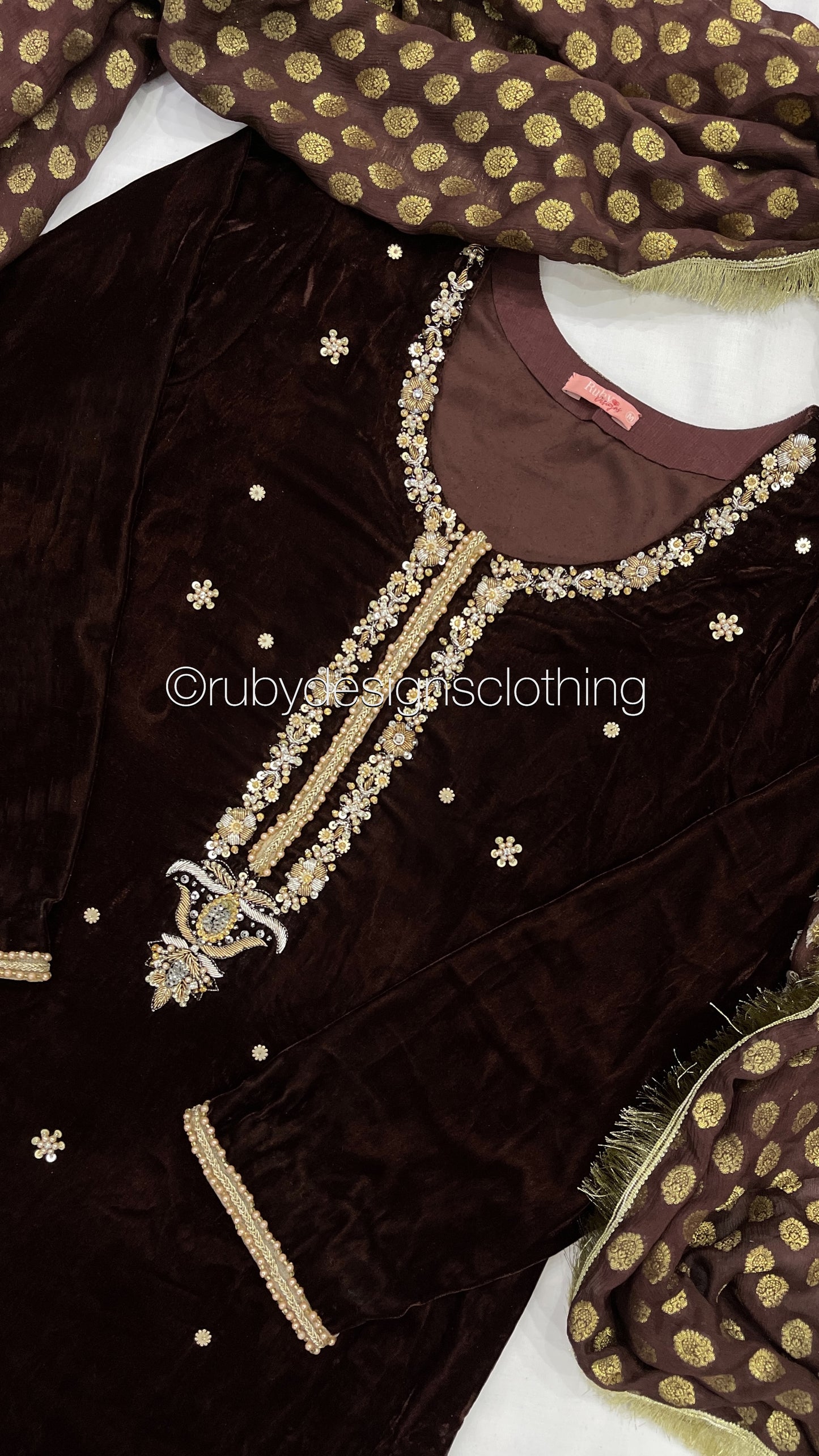 RAIYA - 3 Piece Brown Velvet Suit with Jamawar Chiffon Dupatta (7954033672405)