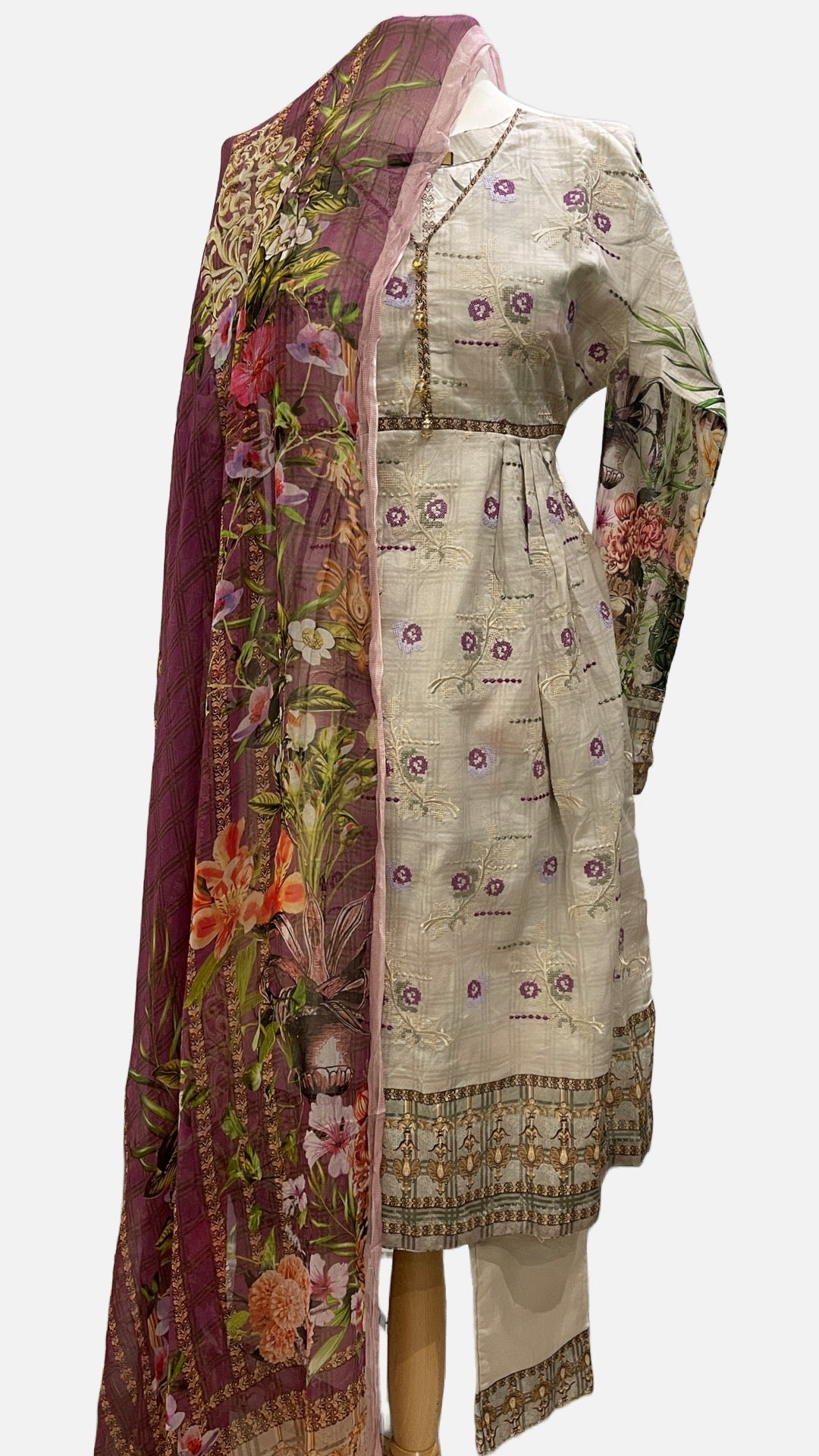 Original KHAS 3 Piece Grey Lawn Suit with Printed Chiffon Dupatta (7874289729749)