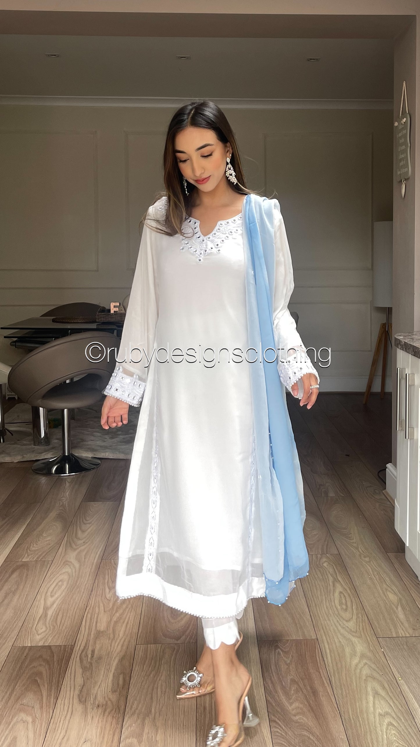 LIYANA - 3 Piece White Chiffon Suit with Two Tone Dupatta (8020992000213)