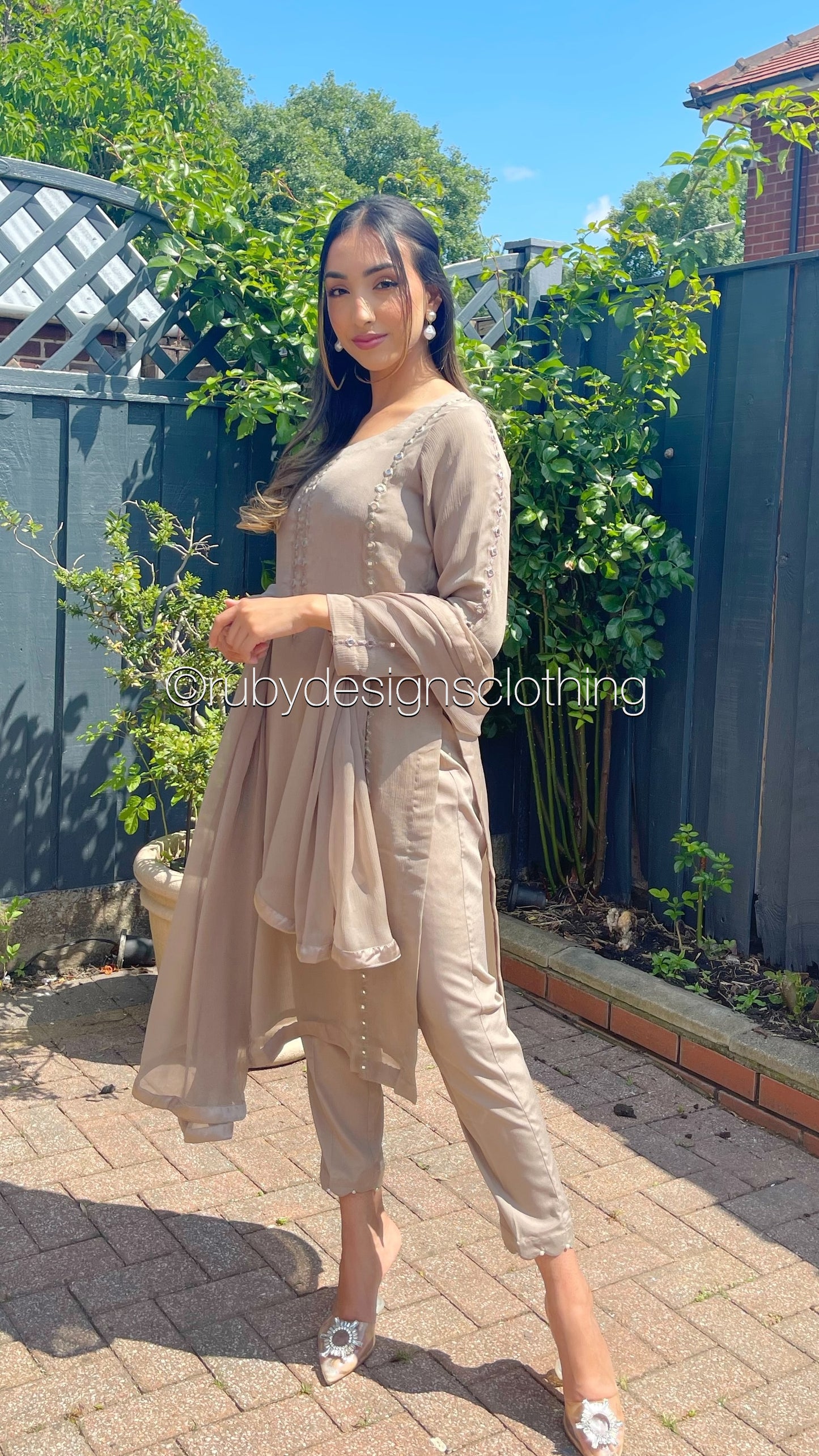 NAYAB - 3 Piece Latte Chiffon Suit with Mirror Details (6746518421688)