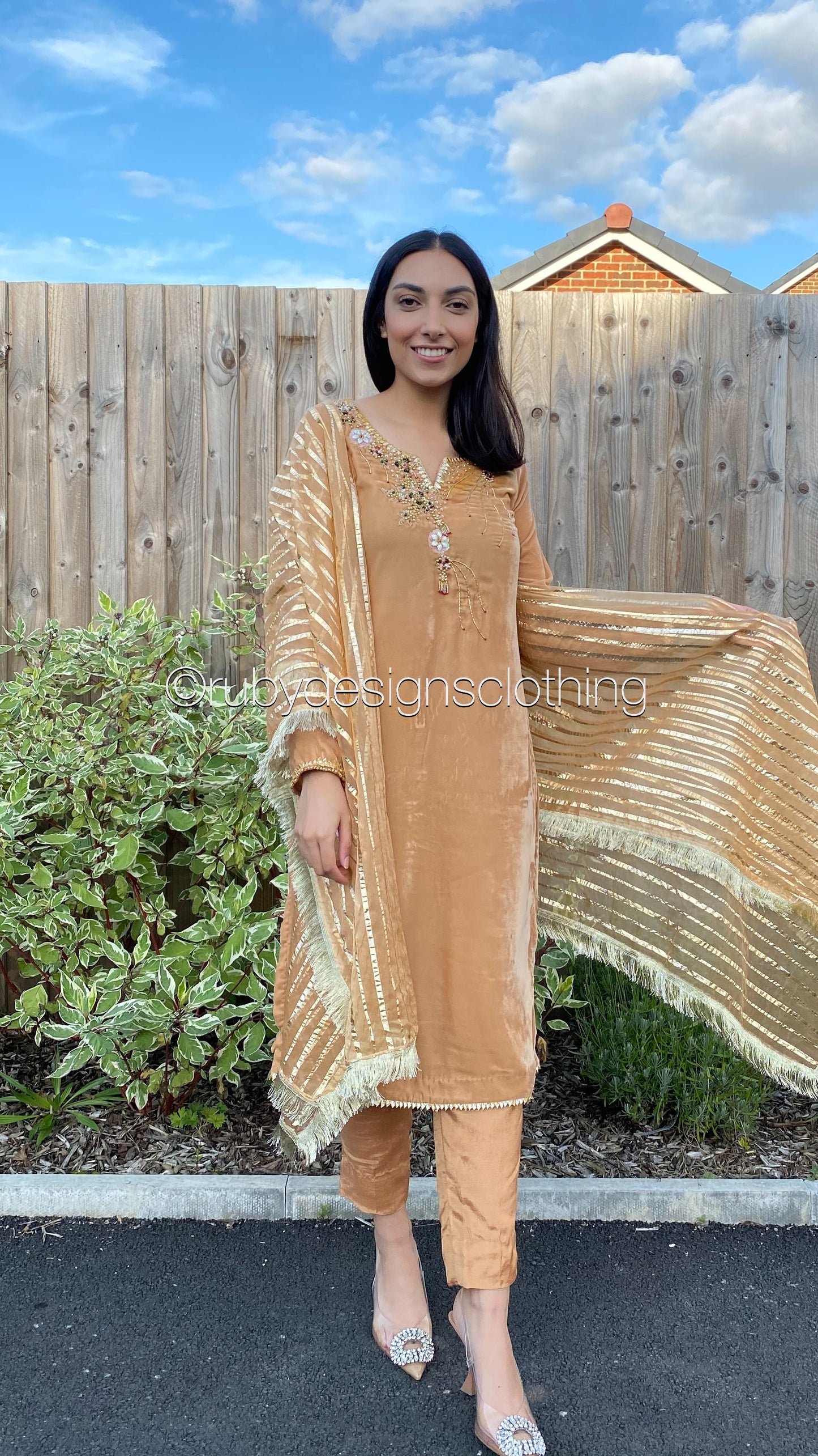 SALAHA - 3 Piece Light Orange Velvet Suit with Organza Dupatta (7959976804565)