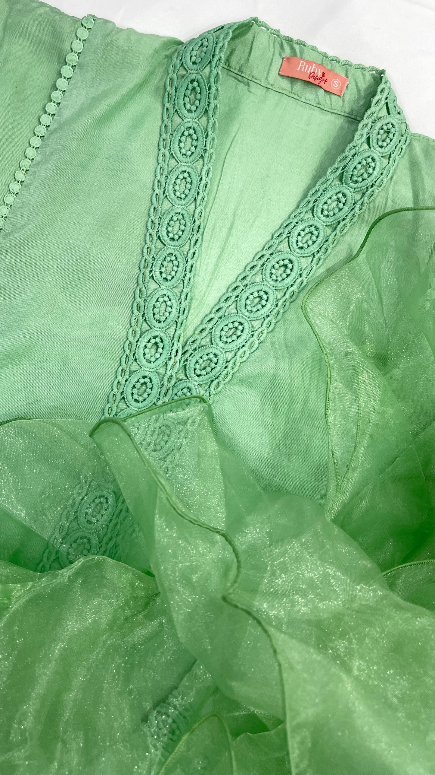JAISHA - Mint Green 4 Piece Cotton Silk Suit with Organza Ruffle Dupatta (7675157577941) (8747932418261)
