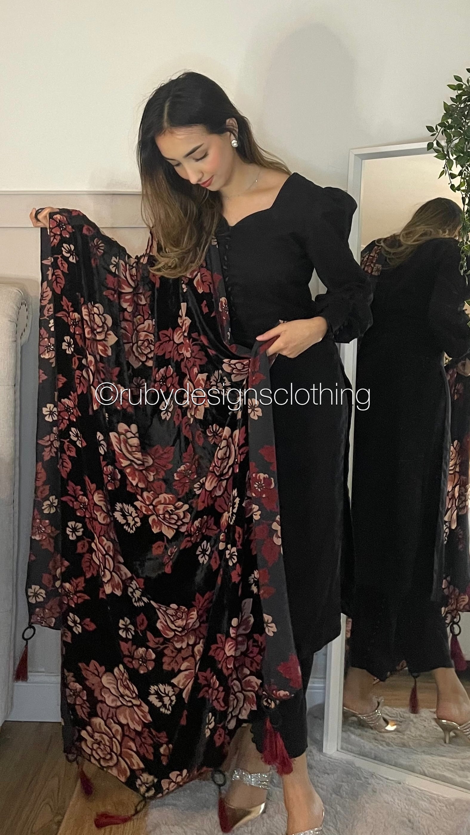 MARYAM Black - 3 Piece Black Suit with Velvet Palachi Shawl (7974928875733)