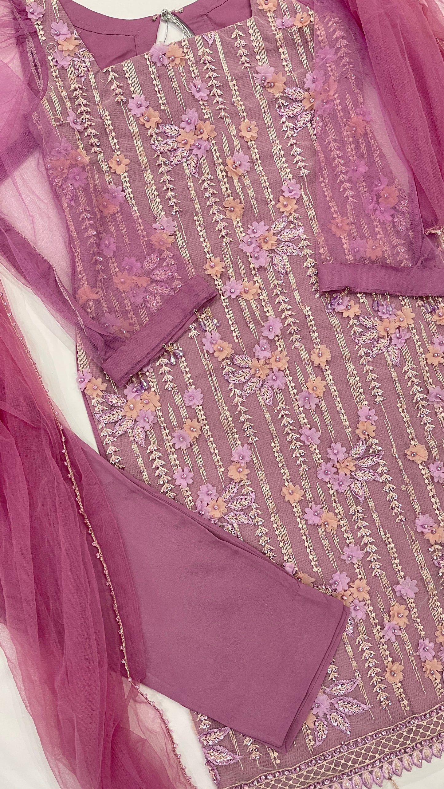 AMAL - Pink 3 Piece Heavy Embroidered Net Suit with 3D Detail (7801369428181) (8747684790485) (8747689214165)