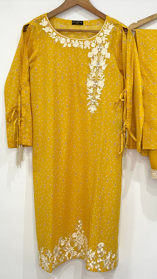 Original Agha Noor 3 Piece Yellow Cotton Suit (6663636156600)