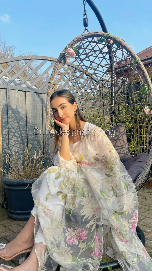 IQRA - White 3 Piece Embroidered Chiffon Suit with Organza Dupatta (7649357889749)