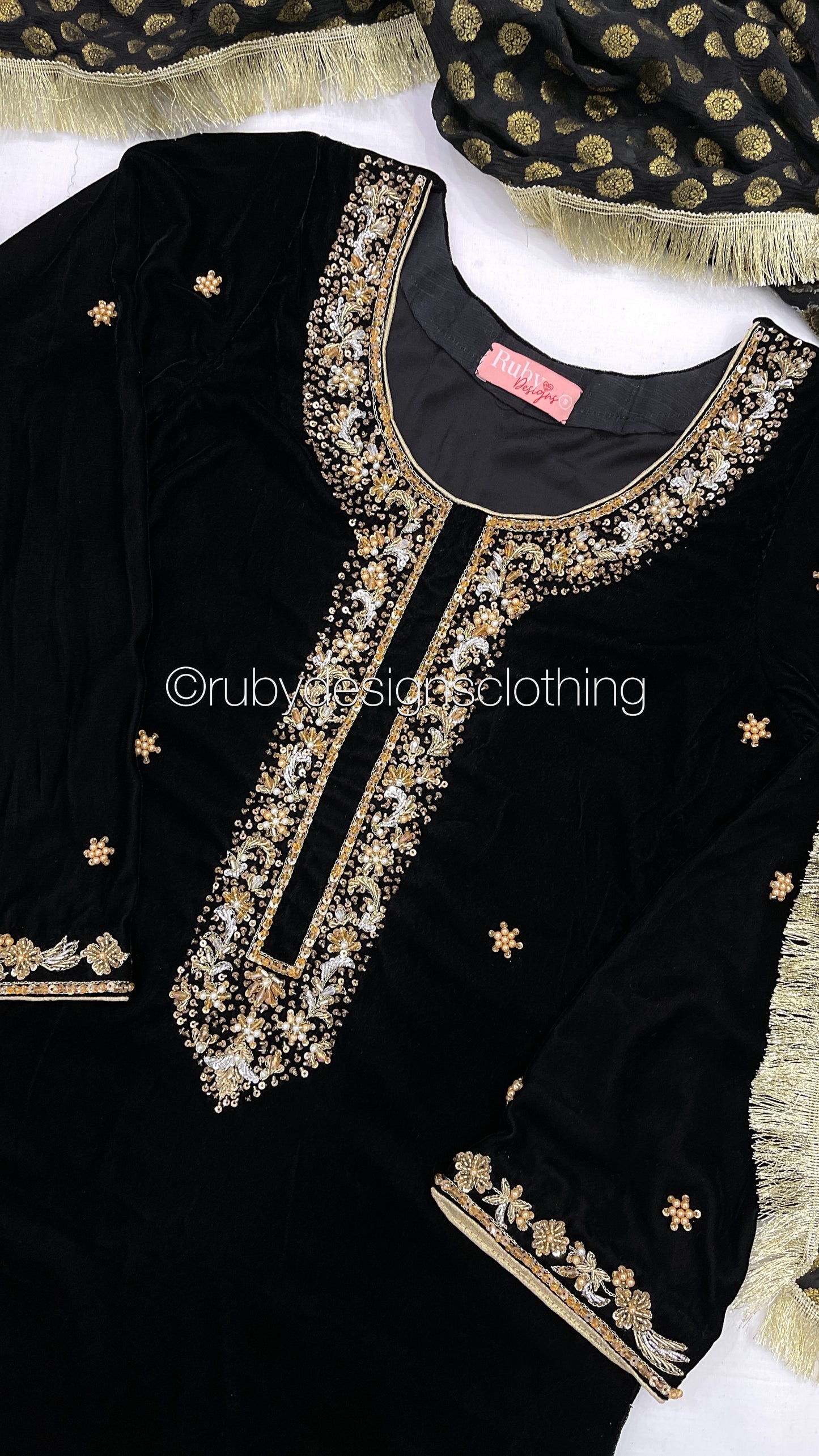 SAMINA - 3 Piece Black Velvet Suit with Jamawar Chiffon Dupatta (7960235311317)