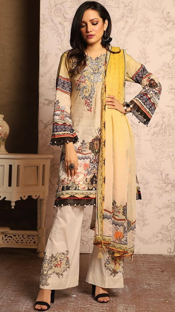 Original KHAS 3 Piece Stitched Yellow and Black Luxury Lawn Suit with Chiffon Dupatta (6650511491256)