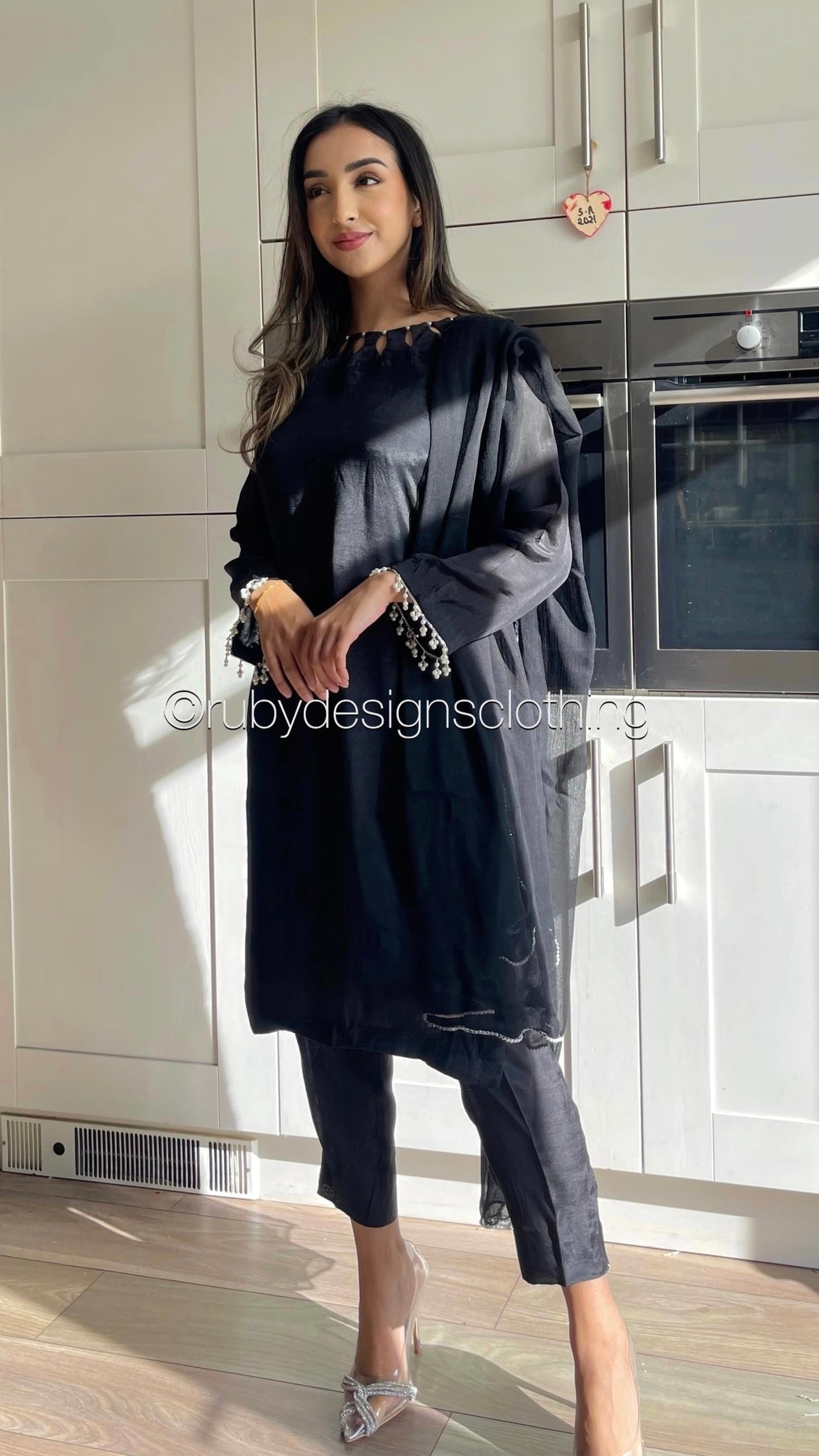 AMELIA Black - 3 Piece Raw Silk Suit with Loop Cutout Neck (8020413219029)