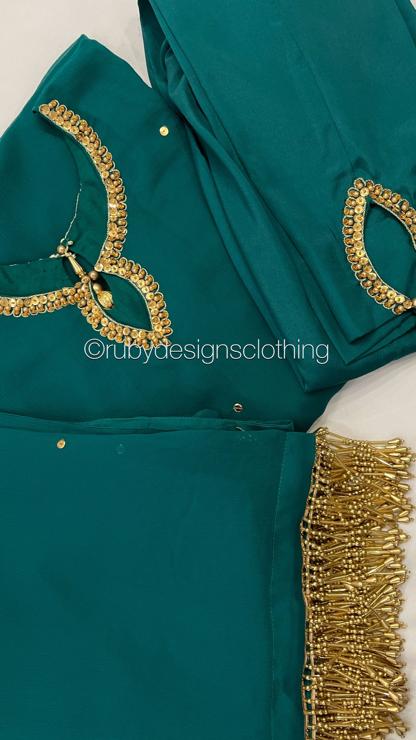 LIMITED EDITION HAYA Deep Sea Green - 3 Piece Chiffon Suit with Hand Embellished Neckline (7914318266581) (8748083511509)
