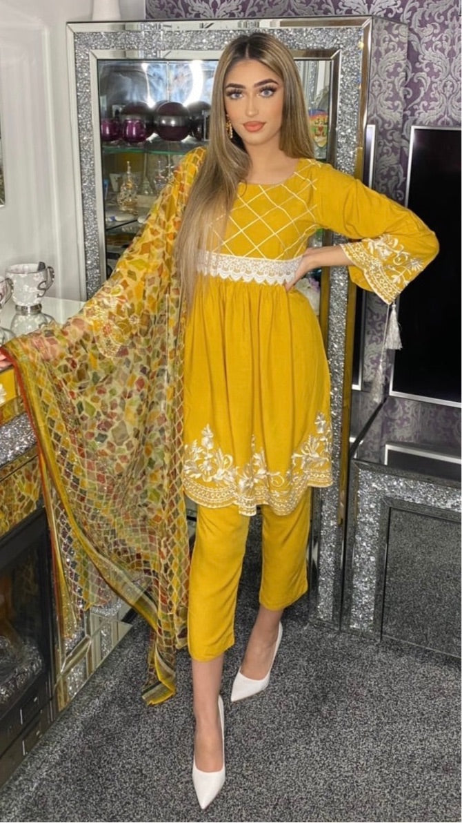SHARIYA Mustard - 3 Piece Dress with White Embroidery and Flared Sleeves (6600533704888)